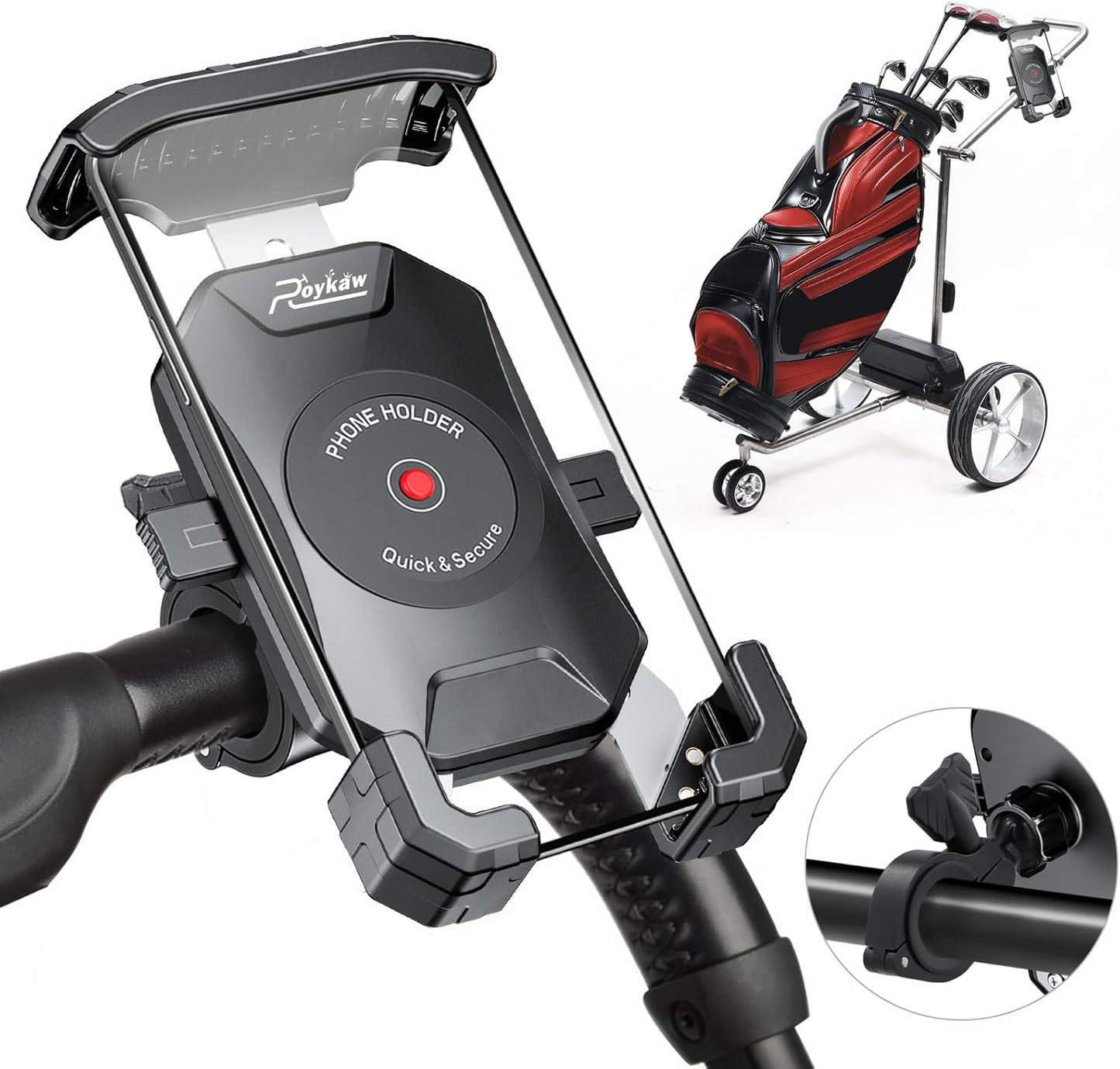Roykaw Golf Push Cart Phone Holder Mount Compatible with Caddytek,Clicgear,Sun Mountain,Rovic, Caddy, Bag Boy,Golf Push Cart Accessories for Cell Phones,Full Silicone Protection/ 360°Rotatable