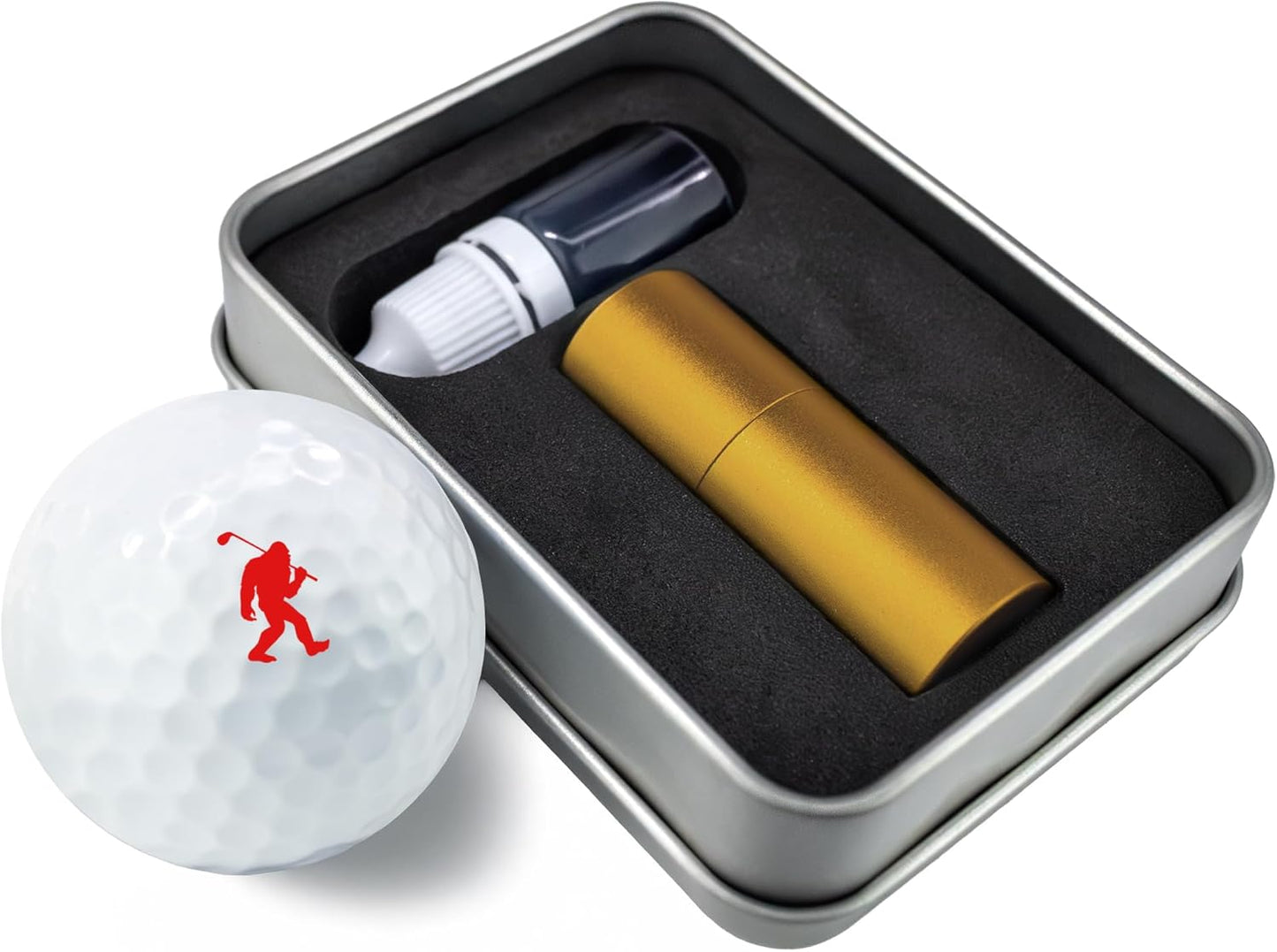 Golf Ball Marker Stamp with TiteSeal™ Technology - Big Foot - Metallic Box with Golf Ball Stamp + Refill Ink Bottle - Red