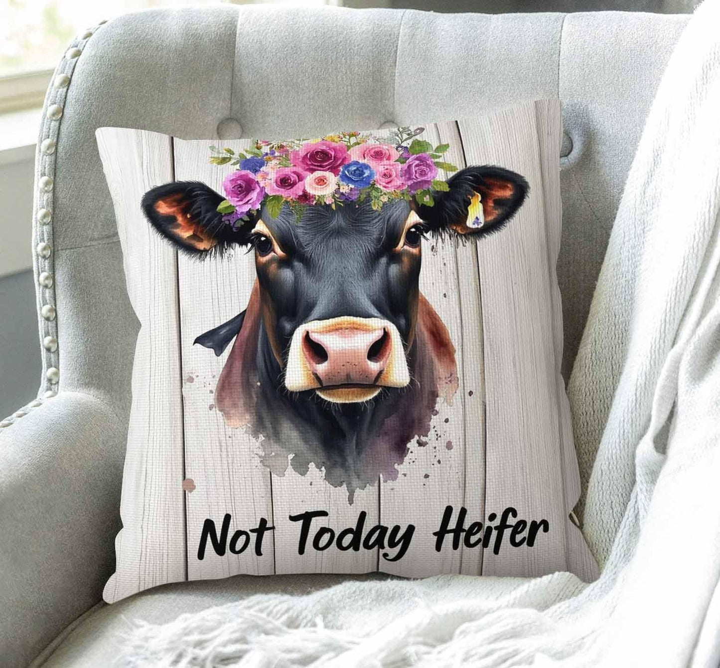 Funny Quote Decorative Throw Pillow Cover Case, Watercolor Flower Cow Pillow Cover, Not Today Heifer Cotton Linen Outdoor Pillow Cases Square Standard Cushion Covers for Sofa Couch Bed Car 18x18 inch