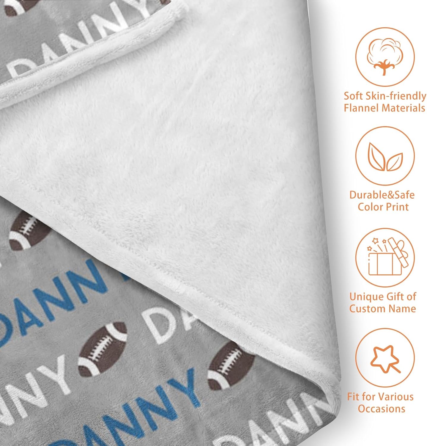 Custom Name Football Blanket - Personalized Names Soft Plush Flannel Throw Blankets for Baby Kids Teen Boys Girls Holidays Birthdays Gifts Color16