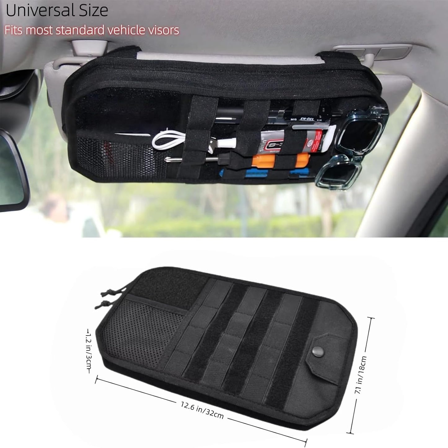 Molle Car Sun Visor Organizer, Multi-Pocket with Double Zipper Visor Organizer Storage Pouch Holder & Glasses Clip for Cars, Molle Panel for Tactical Gears, Fits Most Vehicles, SUVs, Trucks