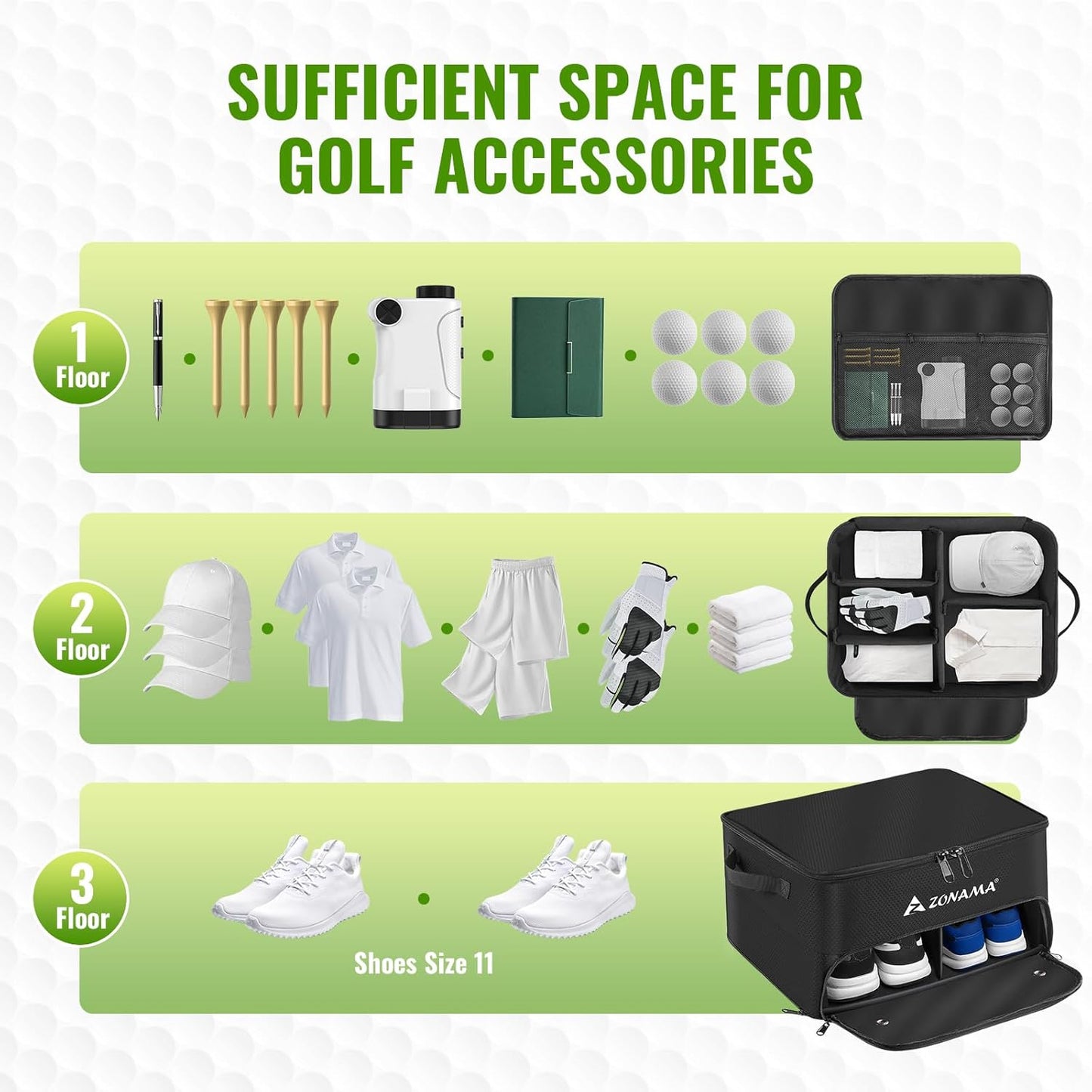 Golf Trunk Organizer, 3 Layers Large Space Car Trunk Locker, with Separate Compartment, Waterproof Golf Accessories Bag for 2 Pairs of Golf Shoes, Balls, Clothes, Golf Gift for Men Women