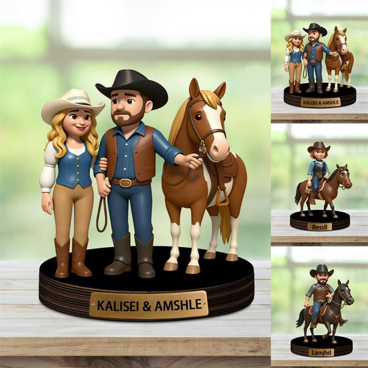 Personalized Horse Rider Cartoon Acrylic Desktop Sign with Name Custom Horse Racing Portrait Figurine Decor Race Horses Sculpture Desk Ornament for Men Women Family Couple Christmas Birthday