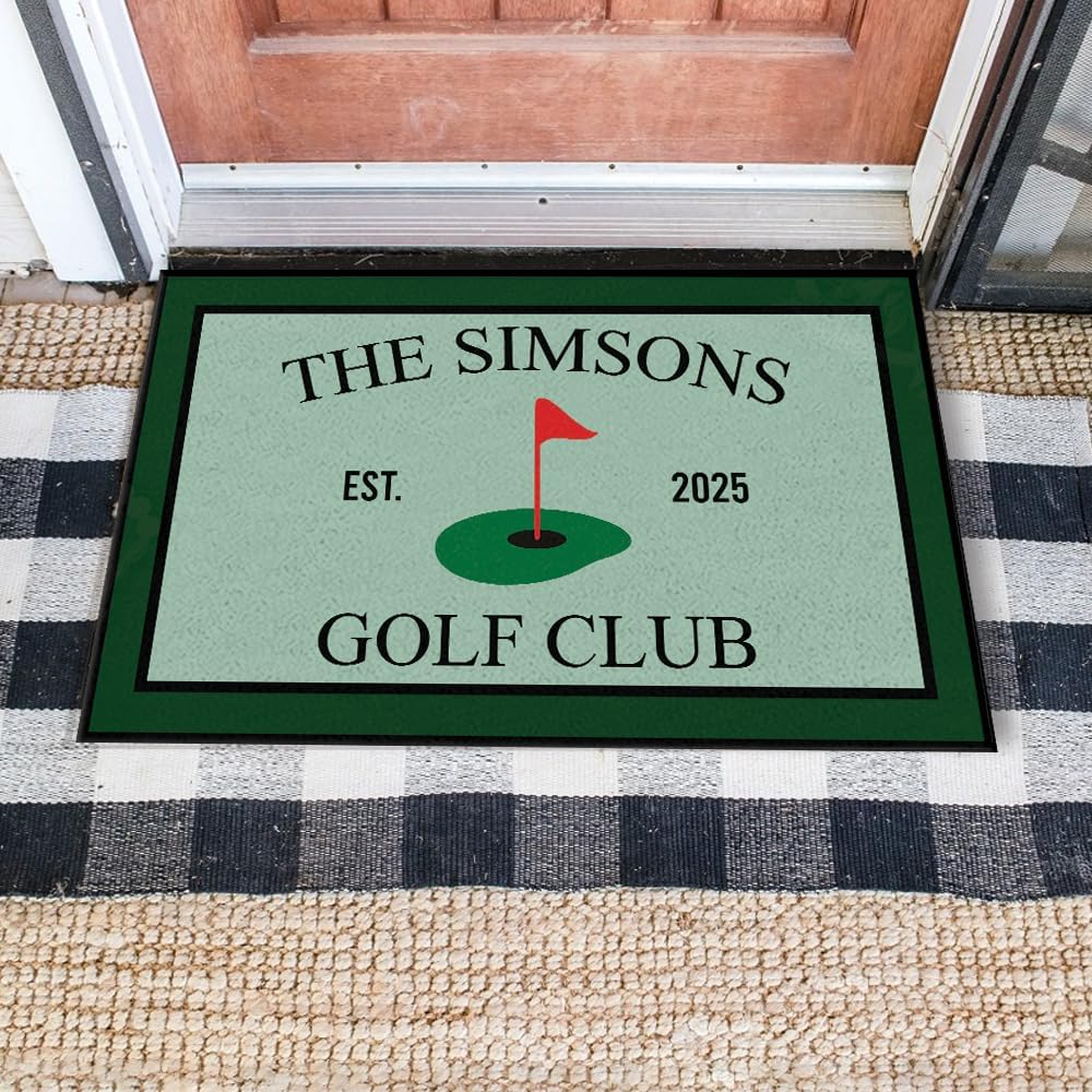 Custom Golf Club Doormat – Personalized Welcome Mat with Family Name & Est. Year – Green Putting Flag Design – Non Slip Outdoor Entry Rug for Porch, Garage, or Golf Lover Home Décor