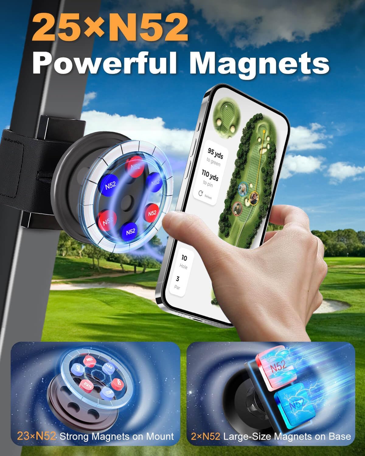 Magnetic Golf Cart Phone Holder with Strong Magnets & Safety Strap Double Protection Fit for Magsafe iPhone/Galaxy/Google Pixel, Golf Cart Phone Mount Compatible with EZGO/Club Car/Yamaha/ICON