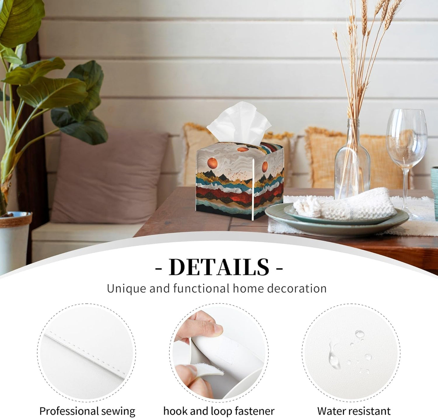 Gold Mountains and Red Sun Tissue Box Cover Square,Abstract Mountain Sunset Tissue Box Holder Waterproof Leather Facial Paper Organizer Dispenser for Bathroom Home Car Nightstand Vanity Desk