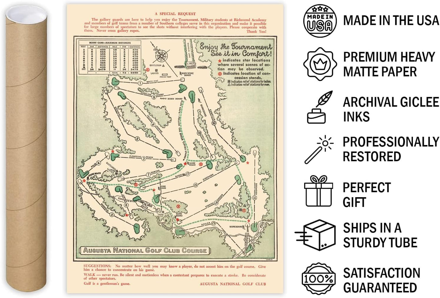 Historic Map - Augusta National Golf Club Course, 1954 - Unframed Vintage Wall Art 18in x 24in
