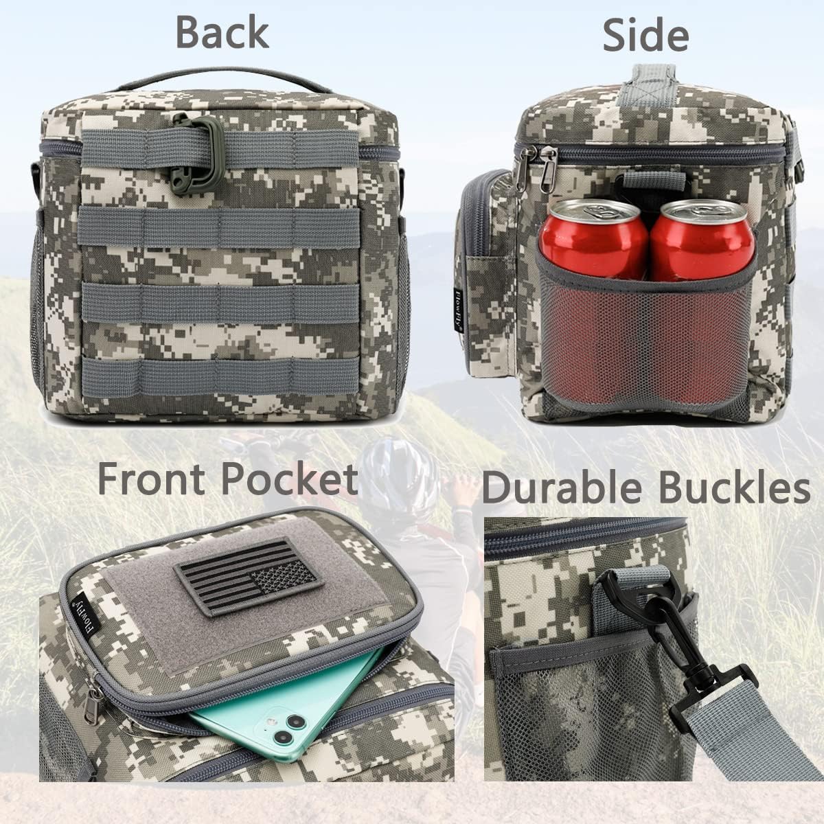 FlowFly Tactical Lunch Bag Large Insulated Lunch Box Cooler Tote for Men, Women with MOLLE/PALS Webbing (Digital#Camo, Medium)