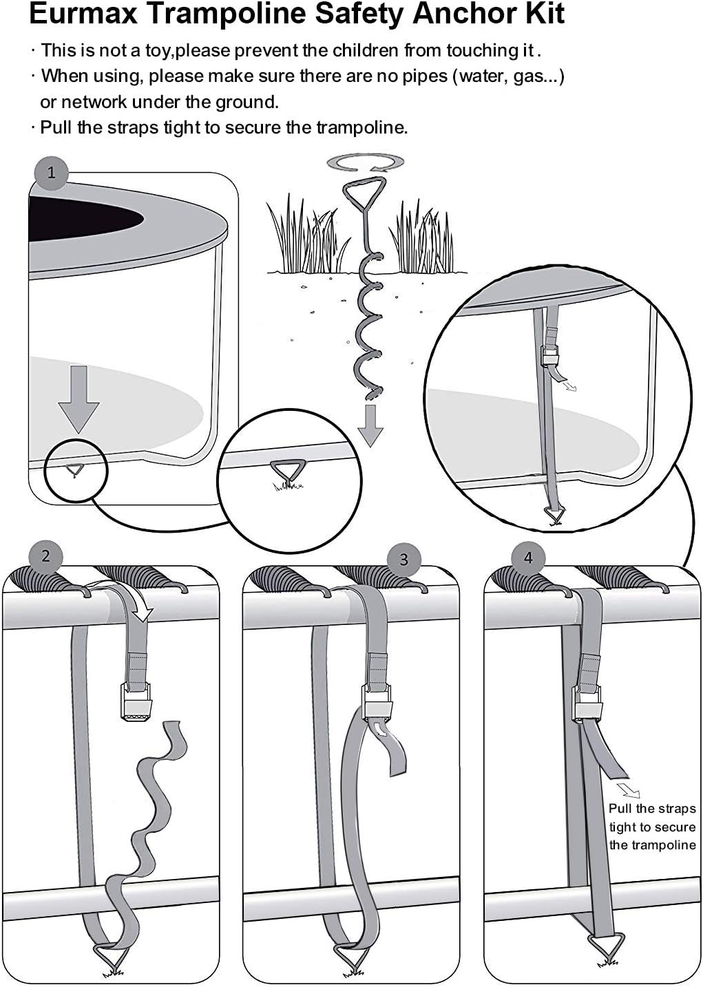 Eurmax USA Trampoline Stakes Heavy Duty Trampoline Parts Corkscrew Shape Steel Stakes Anchor Kit with T Hook for Trampolines -Set of 4 Bonus 4 Strong Belt,Silver