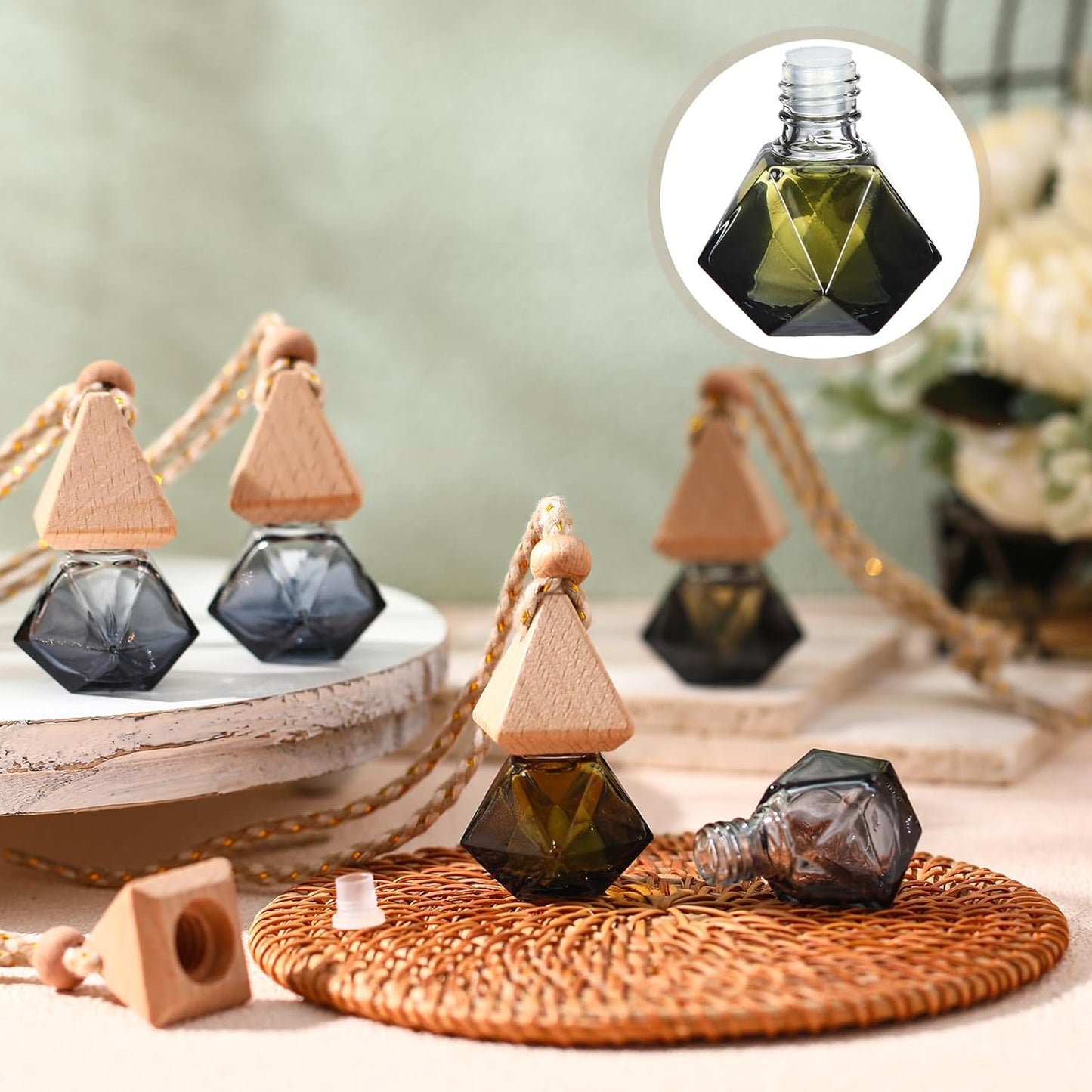 50 Pcs Hanging Car Air Freshener Black Car Diffuser Bottles Empty Glass Perfume Bottles Air Freshener Diffuser Pendant for Essential Oils Fragrance Aromatherapy Ornament (Rhombus)