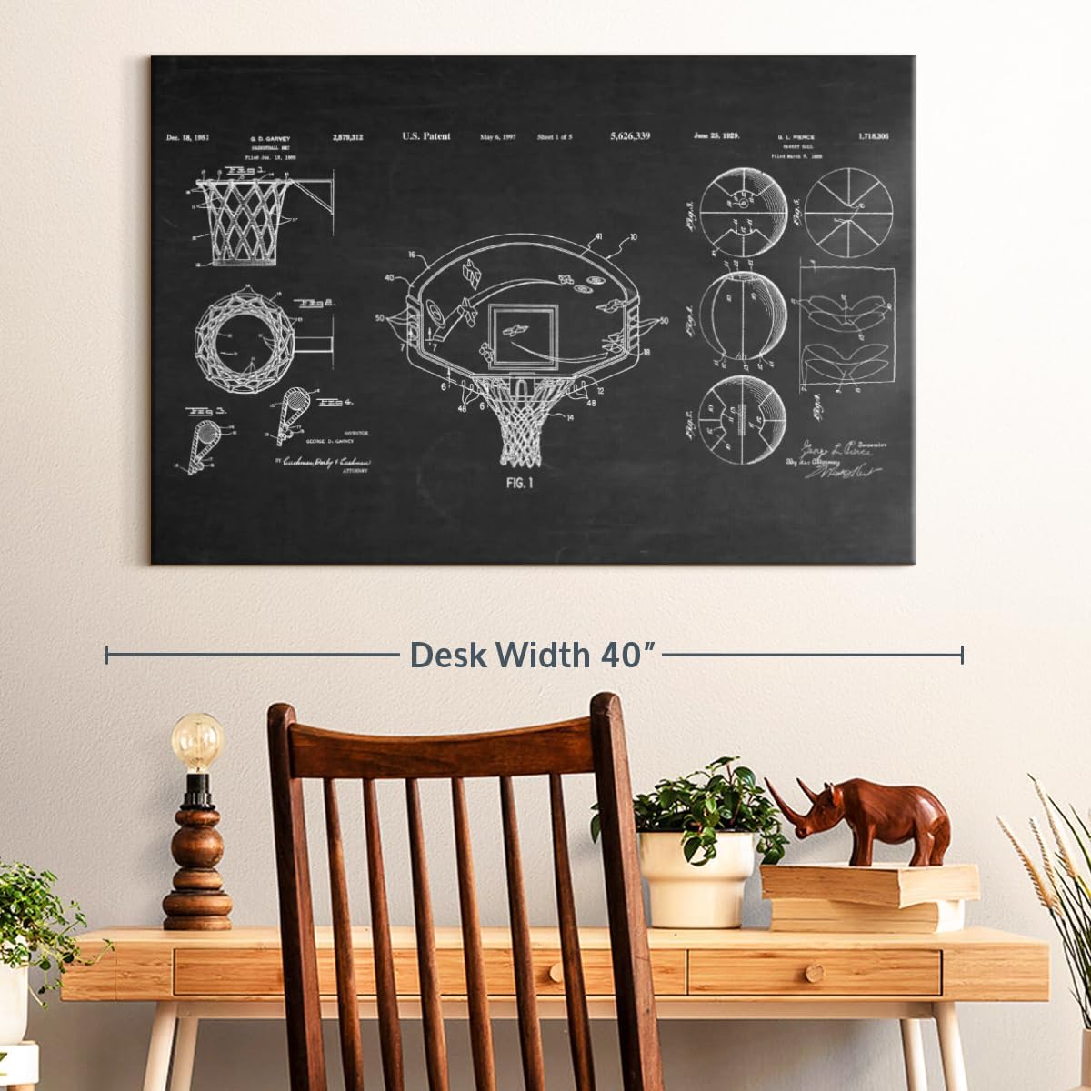 ElephantStock Basketball Patents Canvas - 1 Panel Sports Patent Wall Art Decor - Sports Decorations for Boys Room - Wall Art and Office Decor - 36" X 24"