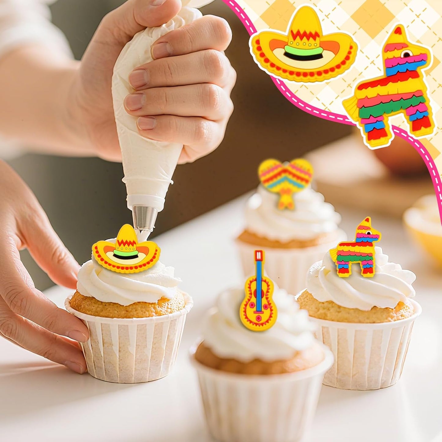 24pcs Fiesta Cupcake Ring Toppers Donkey Sombrero Guitar Cupcake Topper Mexican Theme Party Cake Decorations for Baby Shower Birthday Fiesta Party Supplies