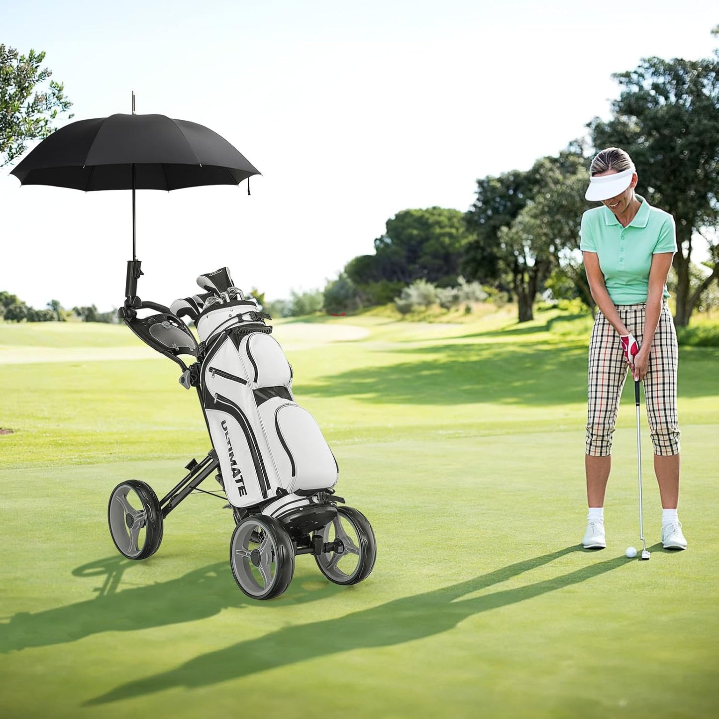 ULTIMATE 4 Wheel Golf Push Cart, Folding Golf Walking Cart w/Elastic Straps, Umbrella&Cup Holder, Scoreboard Storage, Lightweight Golf Trolley Cart w/Height Adjustable Handle&Foot Brake