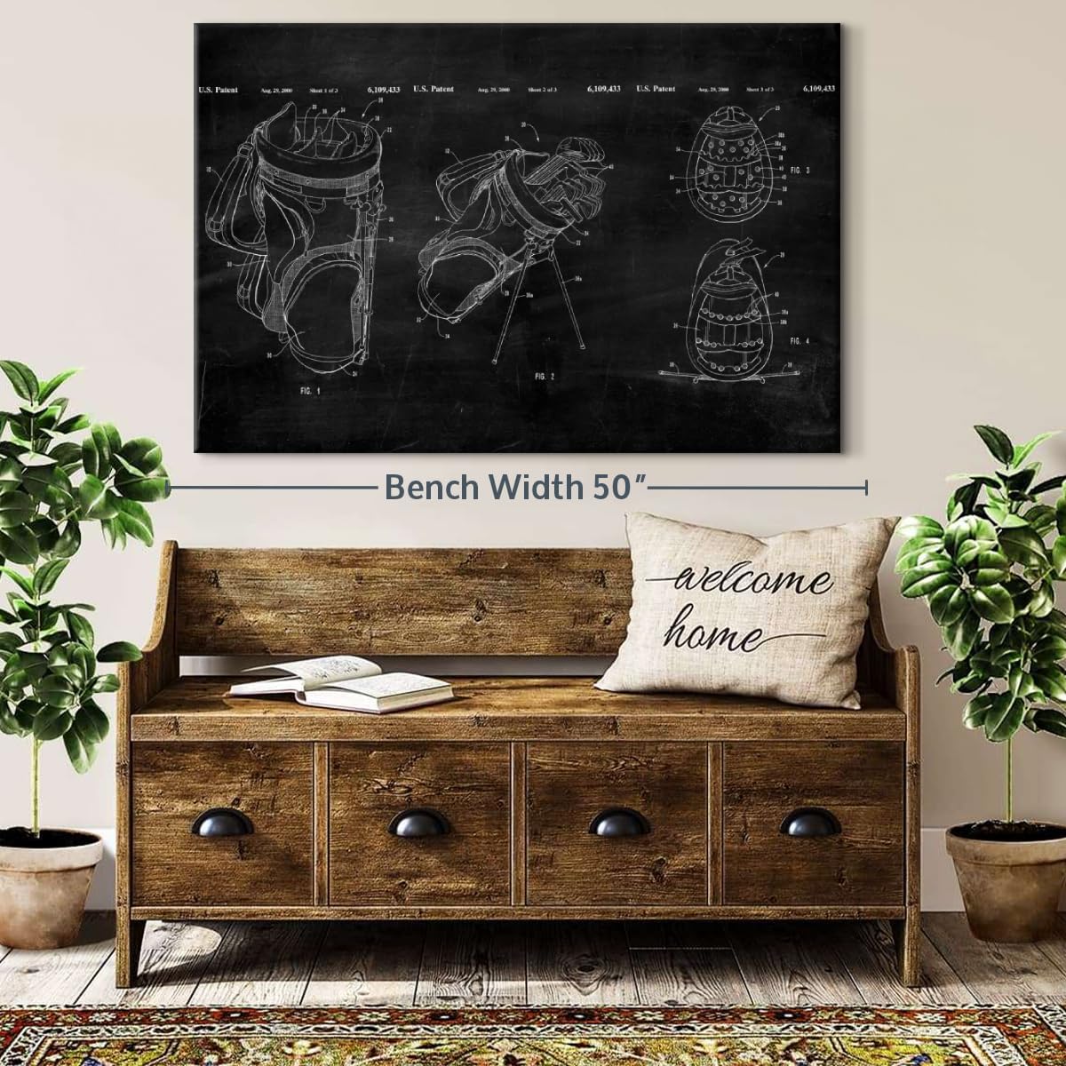 ElephantStock Ridged Golf Bag Dividers BW Patent Canvas - 1 Panel Sports Patent Wall Art Decor - Sports Decorations for Boys Room - Wall Art and Office Decor - 45" X 30"