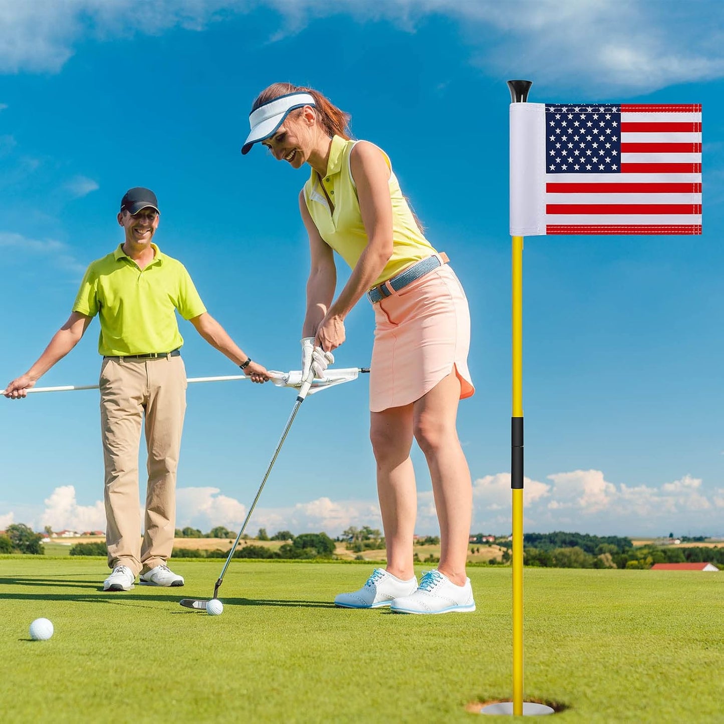 Meooeck 3 Pack Golf Flagstick 3ft Putting Green Pin Flag and Hole Cup Set for Yard Portable 2 Section Fiberglass Mini Golf Set for Driving Range Backyard, Double-side American Flag