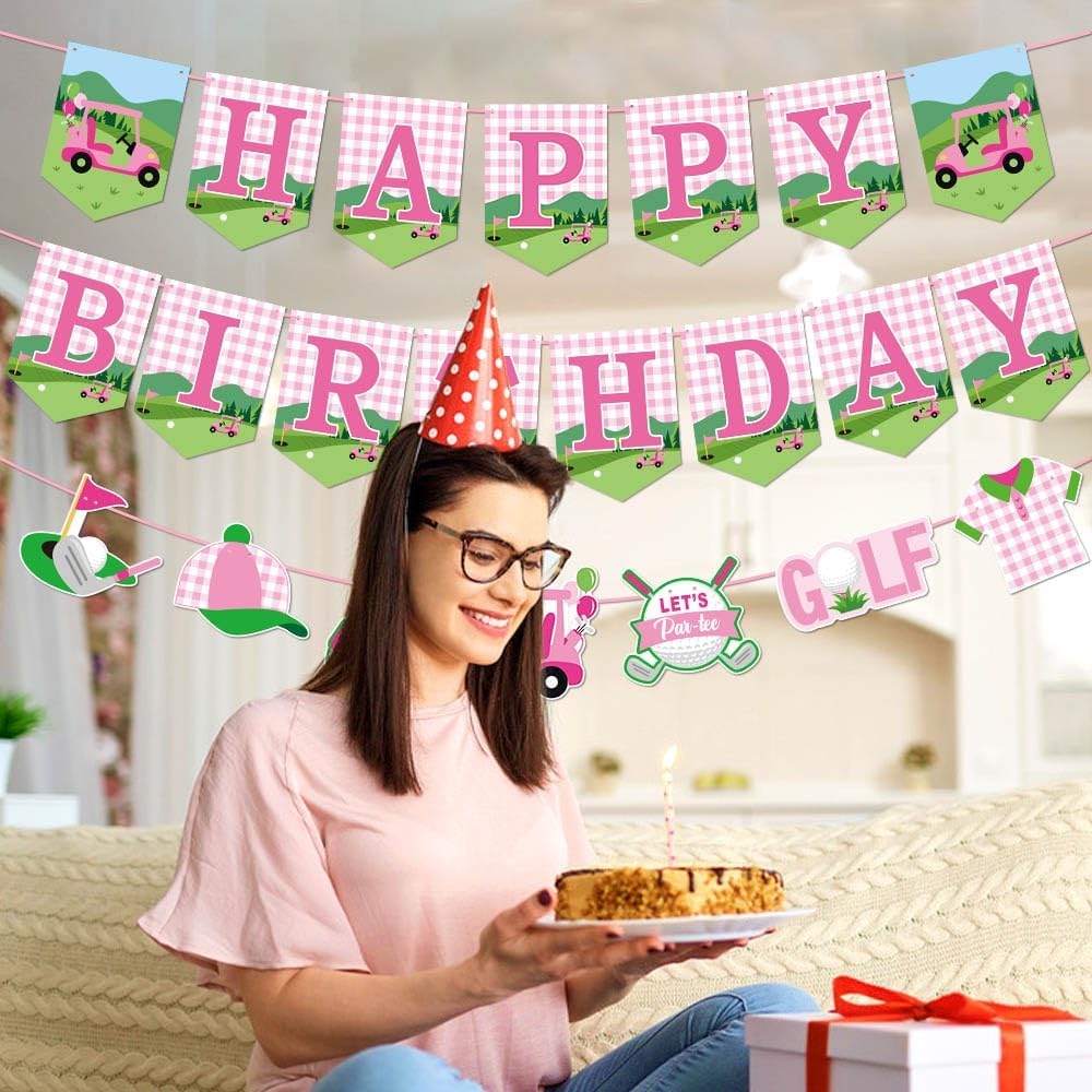 3PCS Pink Golf Birthday Banner for Girl Golfs Party Decorations Golf Theme Happy Birthday Banner Garland Sign Golfs Ball Partys Hanging Banners for Sports Theme Party Baby Shower Supplies