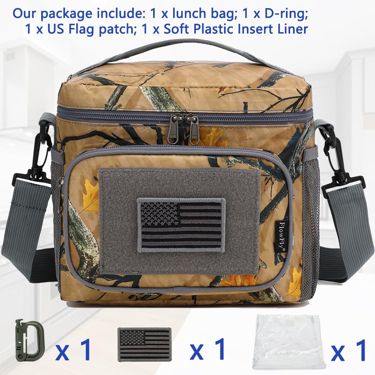 FlowFLy Lunch Bag, Insulated Cooler, Thermal Lunch Box Tote with MOLLE/PALS Webbing, Adjustable Padded Shoulder Strap, for Tactical Men Women Adults and Boys Girls Kids (Maple Leaves Camo, Medium)