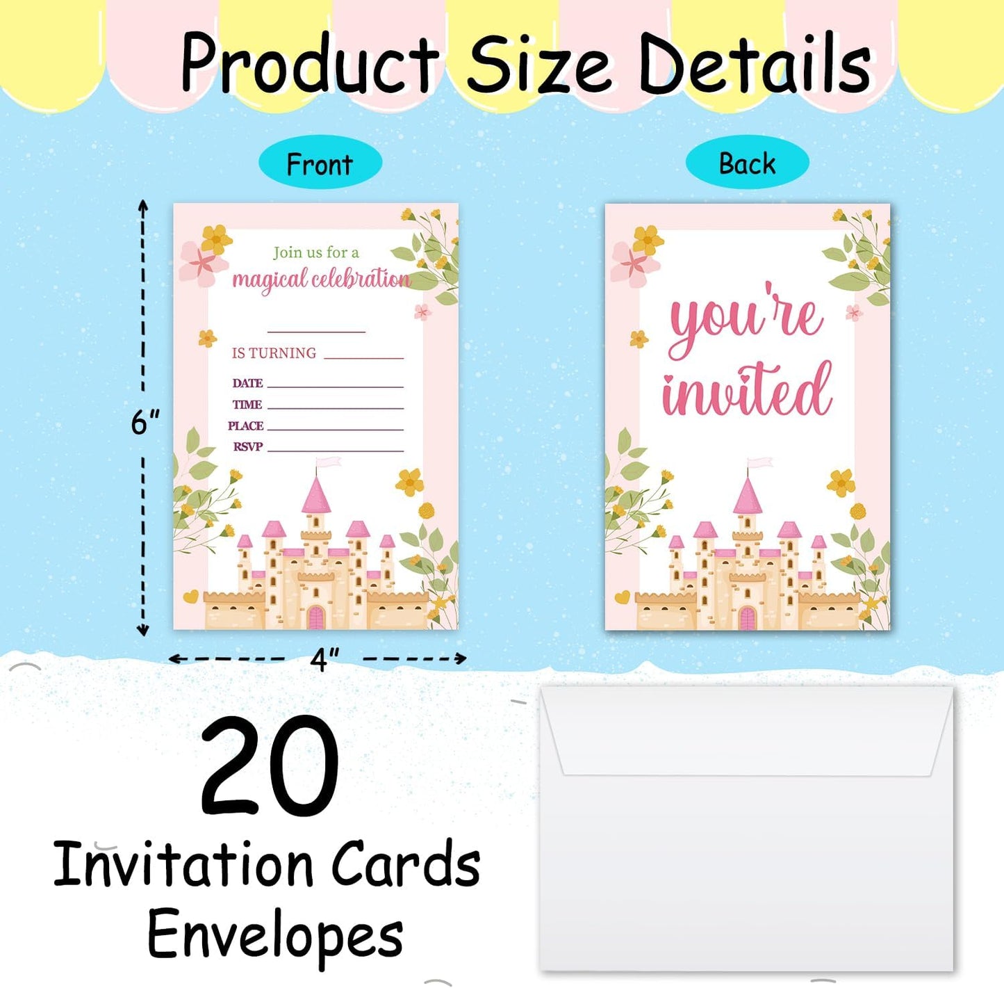 Magical Birthday Invitations, Princess Castle Party Invitations, 20 Double-Sided Fill In Invitation with Envelopes for Teen Boys Girls, Invitations Cards for Birthday Party Decorations Favor - 12
