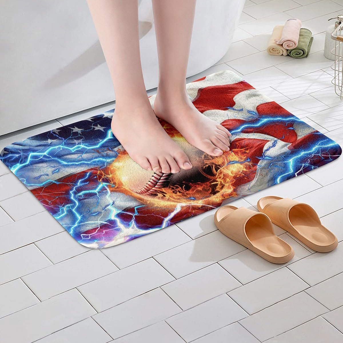 Feelyou 3D Baseball Soft Fleece Door Carpet American Flag Polyester Bath Rug for Kids Boys Girls Fire Ball Sports Non Slip Bath Mat Retro USA Flag Bathroom Floor Indoor Doormat,16x24 Inch