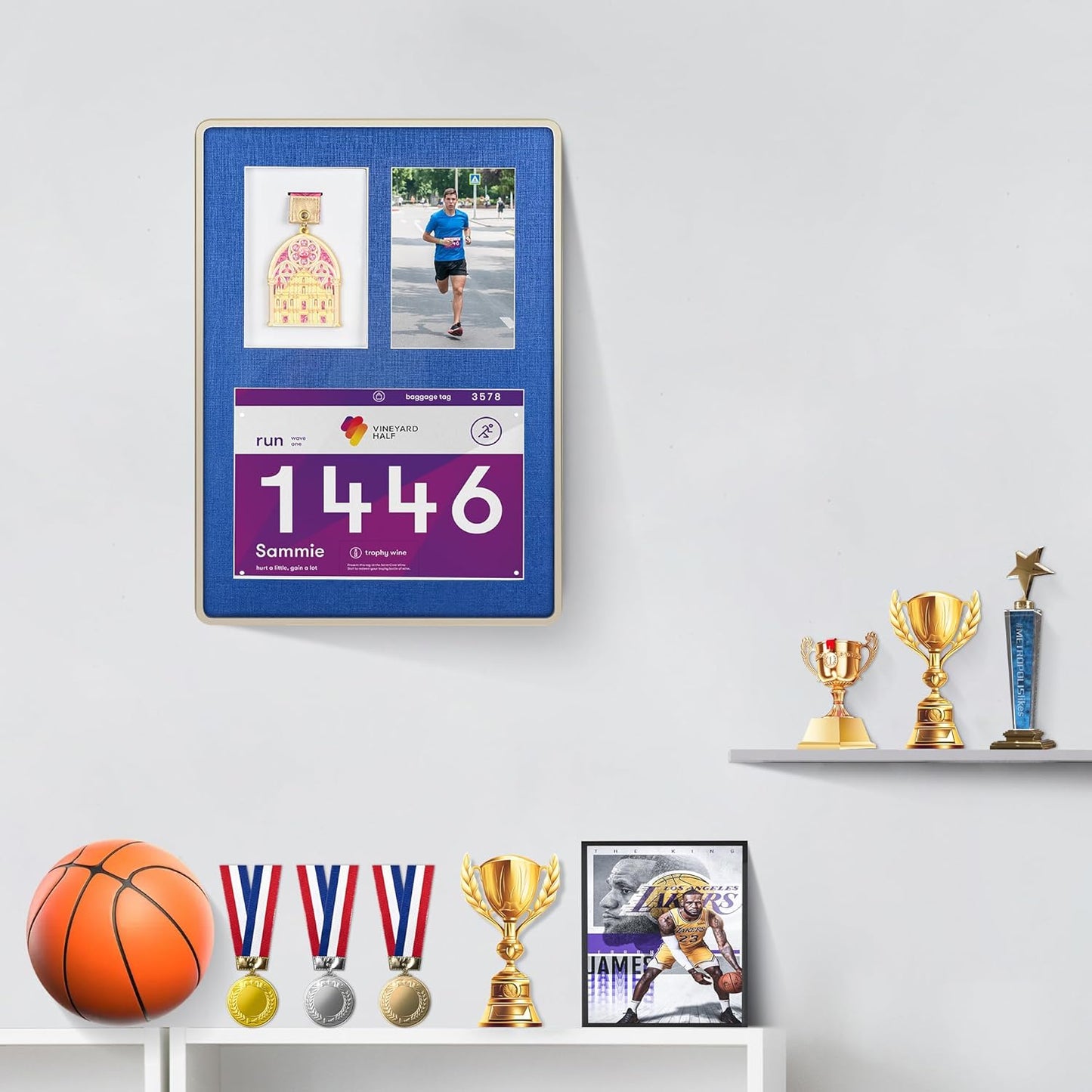 2-in-1 Shadow Box Display -Single Medal,Race Bibs & Photo Display Frame Case, Perfect for Marathon, Race Winner, Soccer, Football, Gymnastics & All Sports Memorabilia(A4 Size)