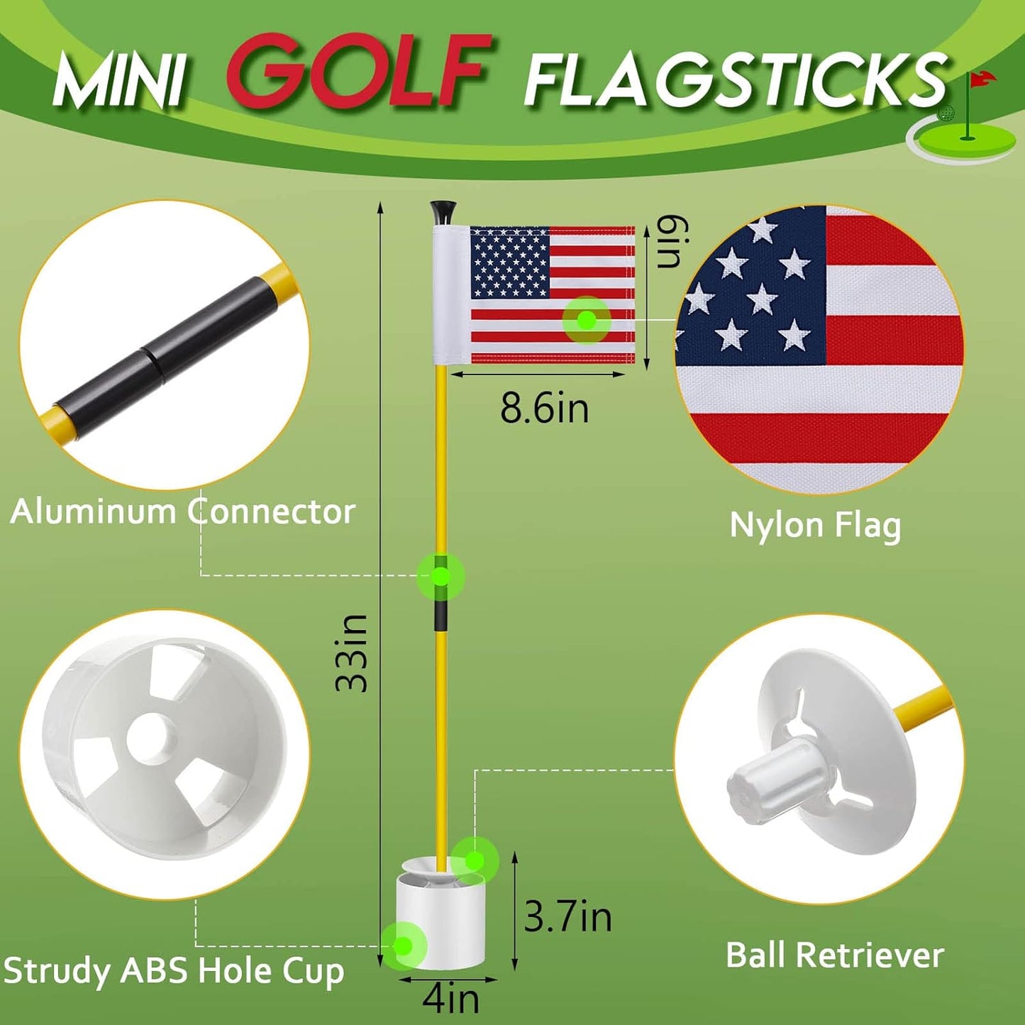 Meooeck 3 Pack Golf Flagstick 3ft Putting Green Pin Flag and Hole Cup Set for Yard Portable 2 Section Fiberglass Mini Golf Set for Driving Range Backyard, Double-side American Flag