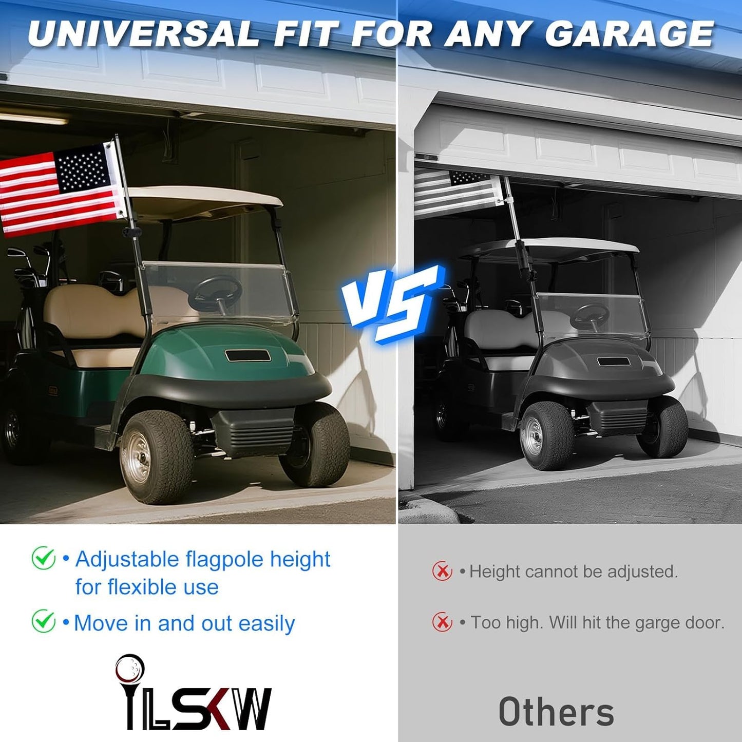 Golf Cart Flag Holder and Flag Pole Kit for Yamaha, EZGO, Club Car, Upgraded Flag Bracket for 0.59-1.18" Round/Oval/Square Rails Golf Carts, Boat, Golf Push Carts, Included USA Flag (22.8×11.4inch)