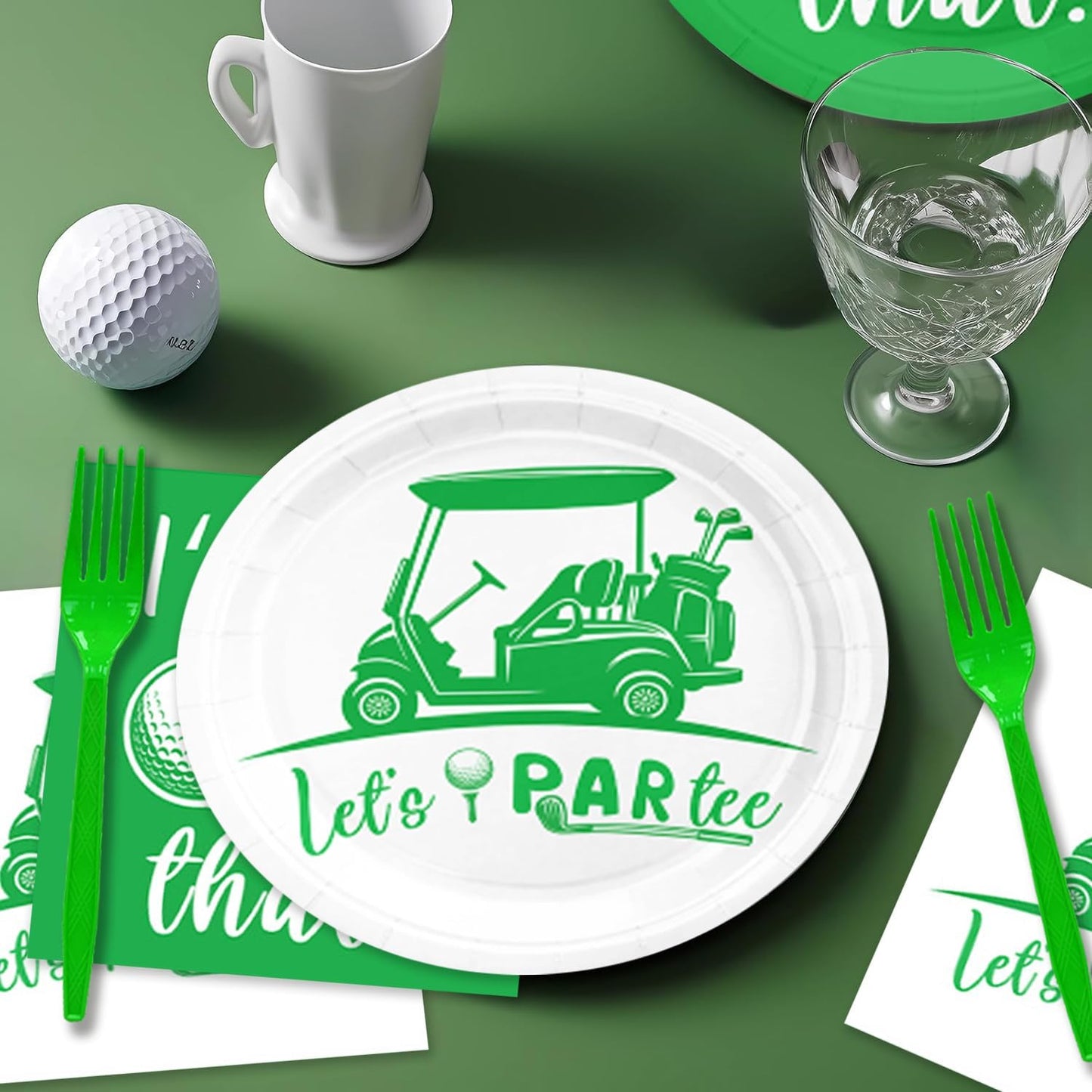 48Pcs Golf Birthday Decorations Let's Par-Tee Tableware Set Golf Cart Plates Napkins Forks Party Supplies for Birthday Decor Serves 16 Golf Themed Party Decorations