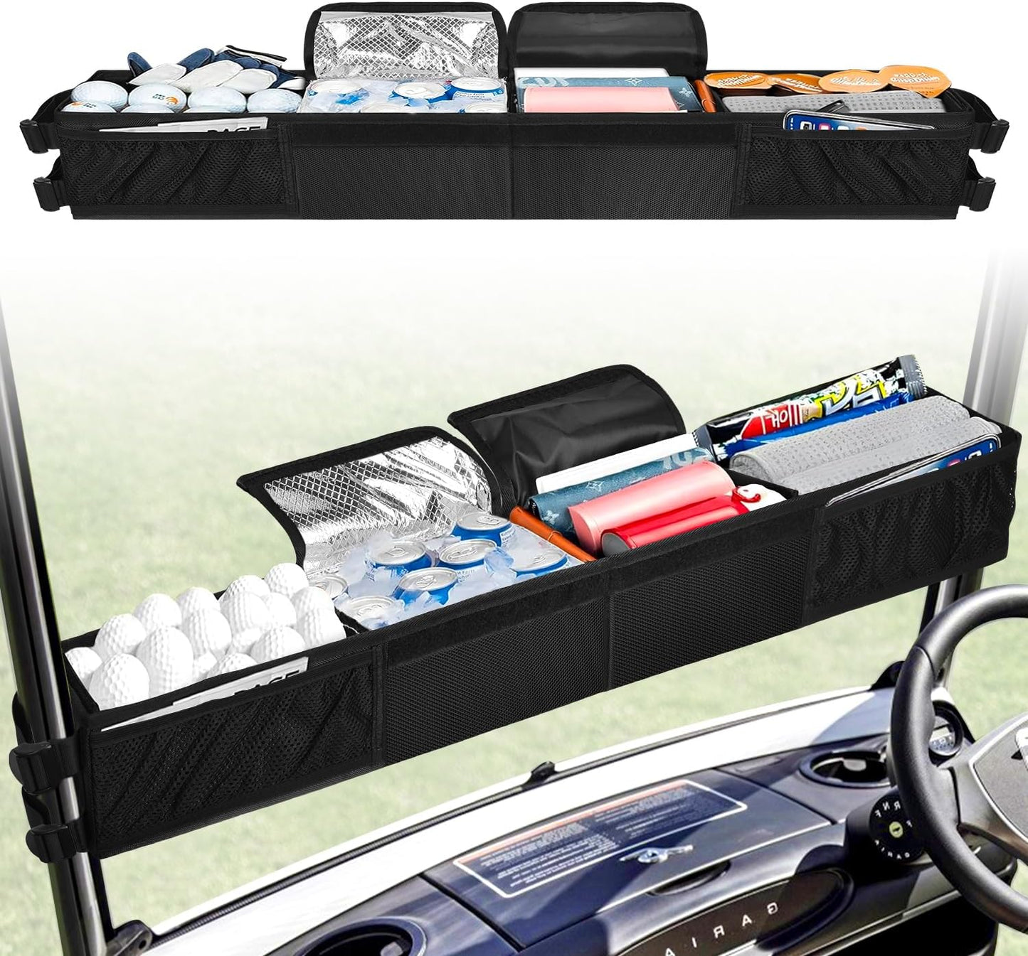 Golf Cart Storage Organizer, Golf Cart Front Storage Basket with Insulated Compartment No-Drilling Golf Cart Basket Compatible with EZGO, Club Car, Kandi Electirc Golf Carts