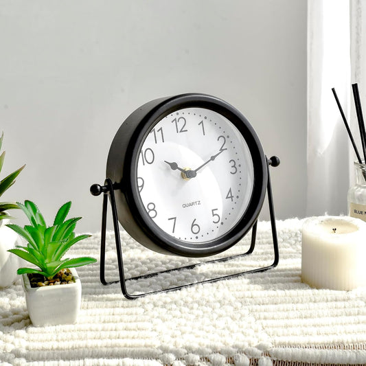 Vintage Black Table Clock - Decorative Battery Operated Desk Clock with Stand, Silent Non-Ticking for Living Room Shelf Decor, 8.6 x 7.8 Inches