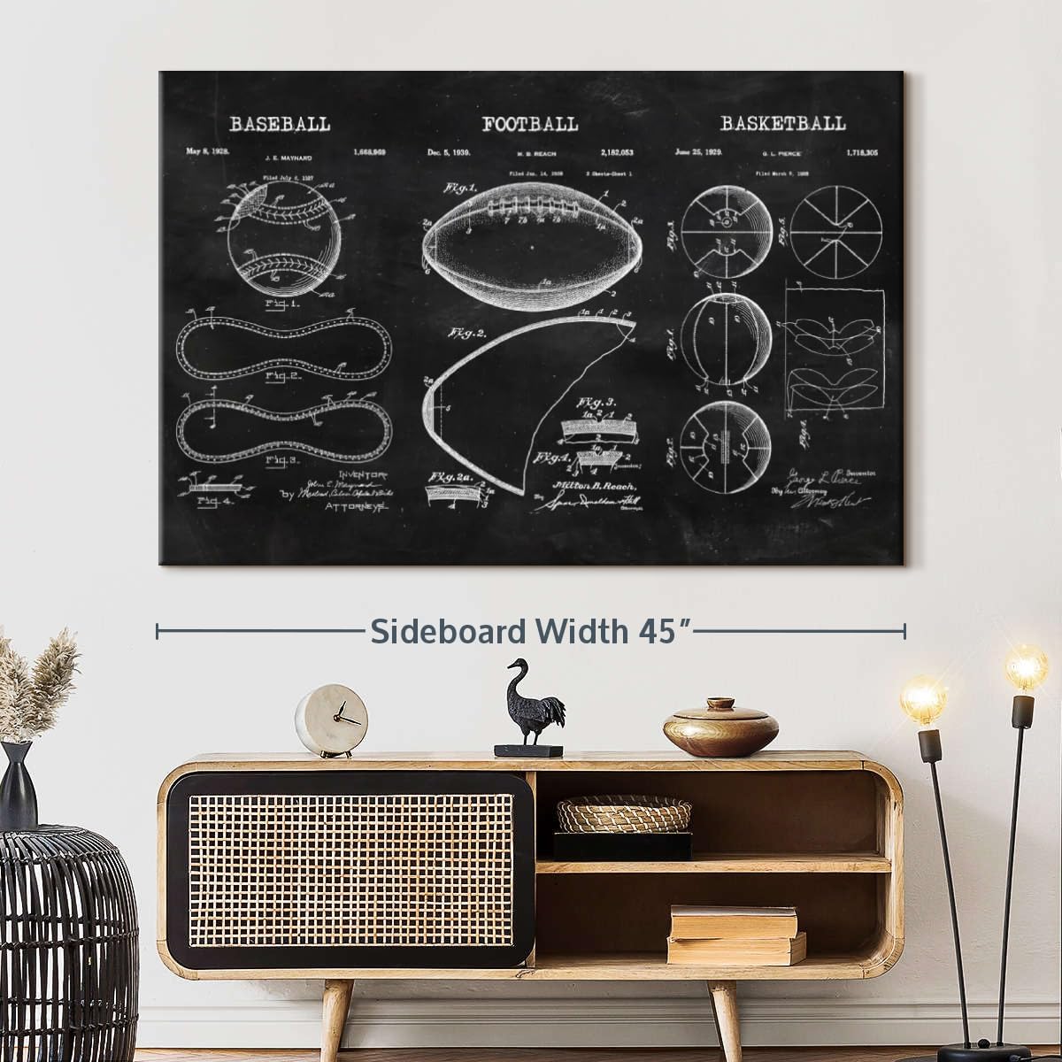 ElephantStock Sports Balls Compilation BW Patent Canvas - 1 Panel Patent Wall Art Decor - Sports Decorations for Boys Room - Wall Art and Office Decor - 45" X 30"
