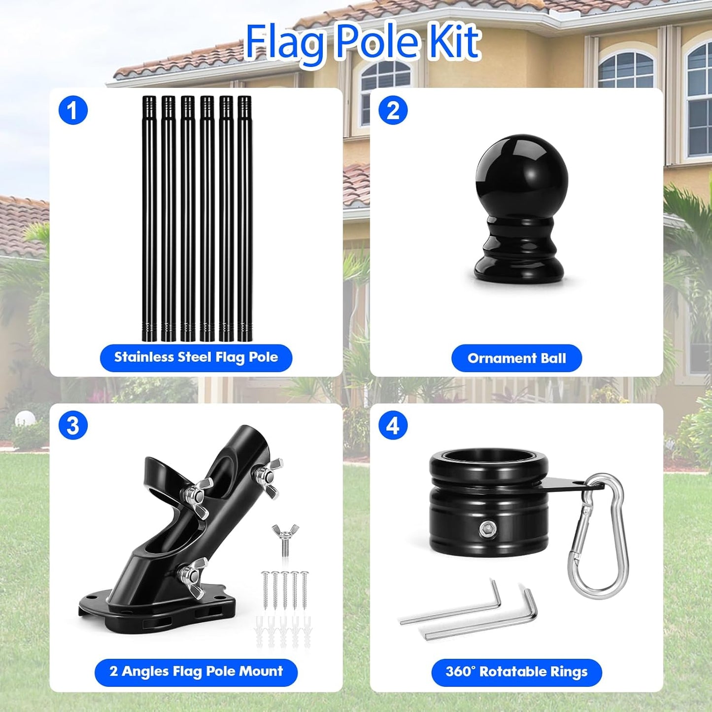 Anovo Flag Pole Kit- Stainless Steel 7 FT Flag Poles with1 Inch Metal 360° Rotating Flag Pole Rings Clip, Two-Position Flag Pole Holder Brackets Mounting for Outside House Outdoor Porch (7 FT - Black)