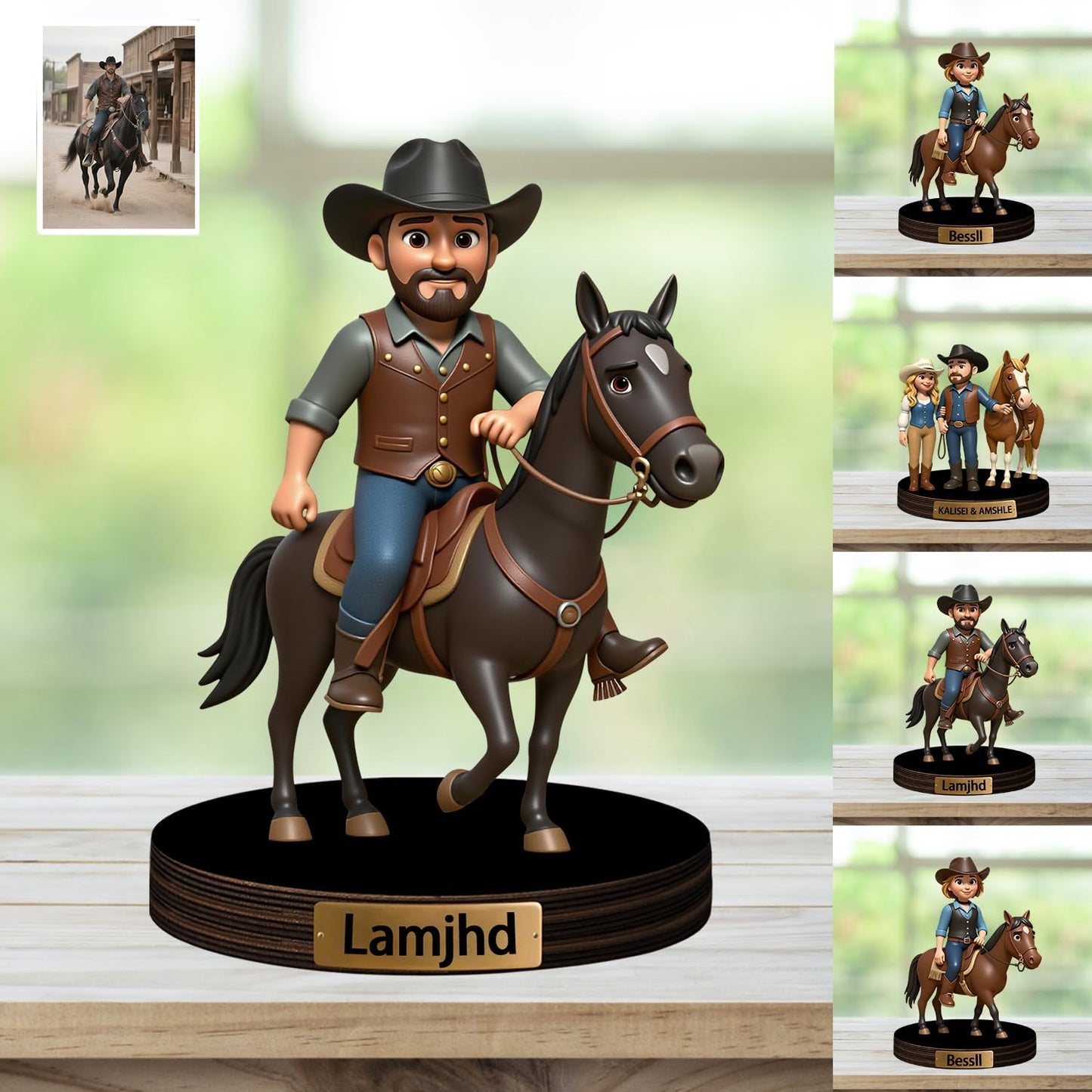 Personalized Horse Racing Cartoon Photo Sculpture Ornament Custom Name 2D Acrylic Horse Rider Photo Figurine Desk Decor Gift for Men Women Family Race Horses Lover Birthday Xmas (Style 6)
