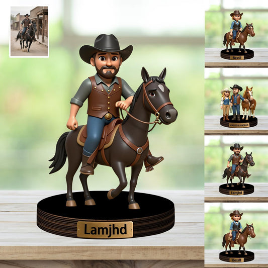 Personalized Horse Racing Cartoon Photo Sculpture Ornament Custom Name 2D Acrylic Horse Rider Photo Figurine Desk Decor Gift for Men Women Family Race Horses Lover Birthday Xmas (Style 6)