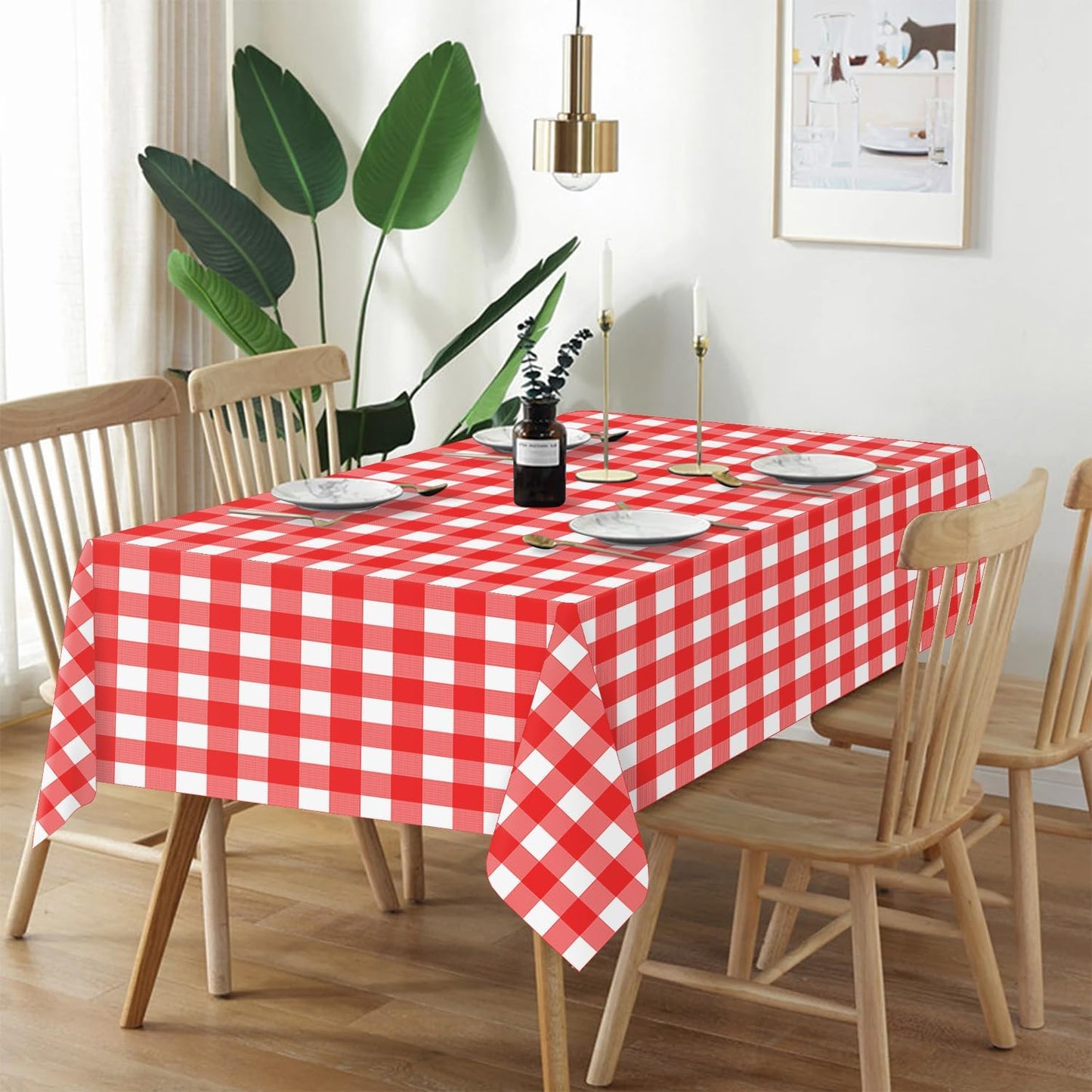 QIKSION Red Gingham Tablecloth Disposable 12 Pack, 54 x 108 Inch Red and White Checkered Table Cloth for Rectangle Tables, Plastic Table Cover