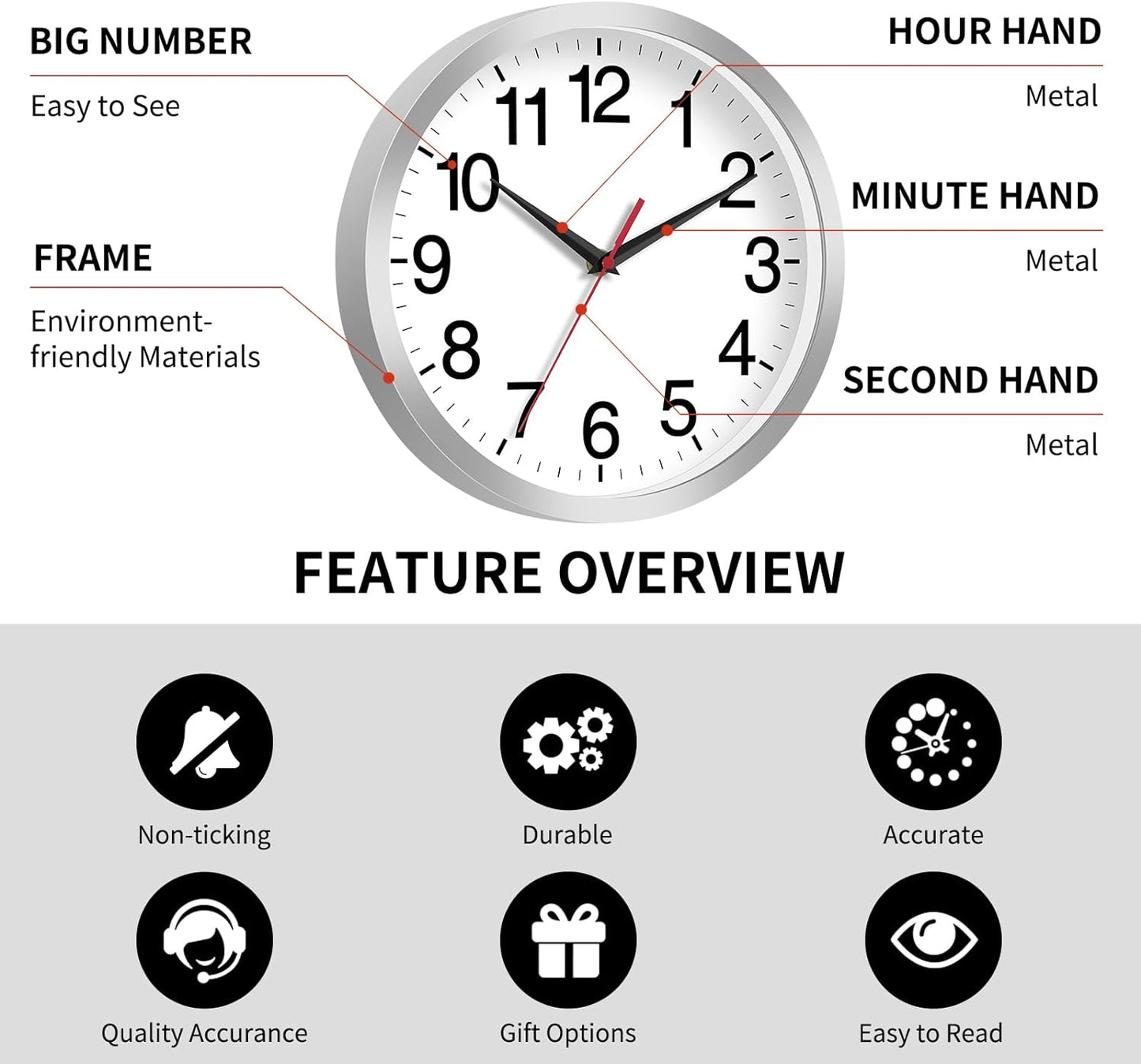 14 Inch Wall Clock Modern Battery Operated Silent Non Ticking Analog Clock Decorative for Bedroom Kitchen Bathroom Office Home Living Room (Silver)