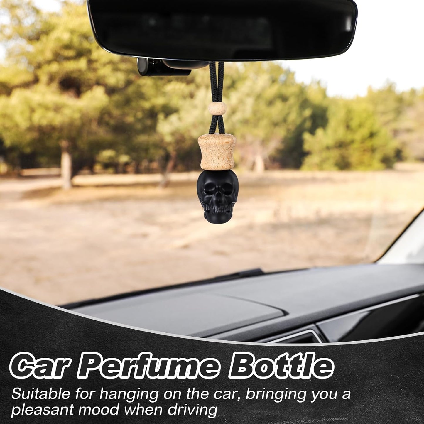 BBTO 50 Pcs Hanging Car Air Freshener Black Car Diffuser Bottles Empty Glass Perfume Bottle Freshener Diffuser Bottle Pendant for Essential Oil Fragrance Aromatherapy Bottle Ornament (Skull Head)