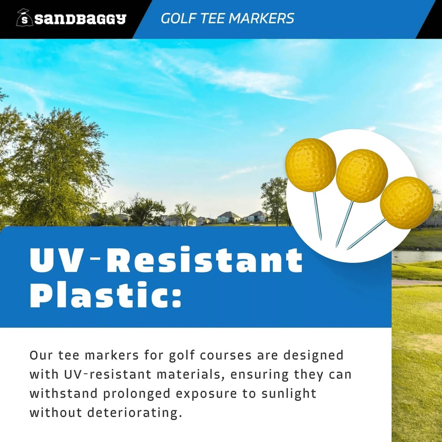 Sandbaggy Plastic Tee Markers for Golf Course (UV Resistant) - Steel Spike - Safety Caps Included