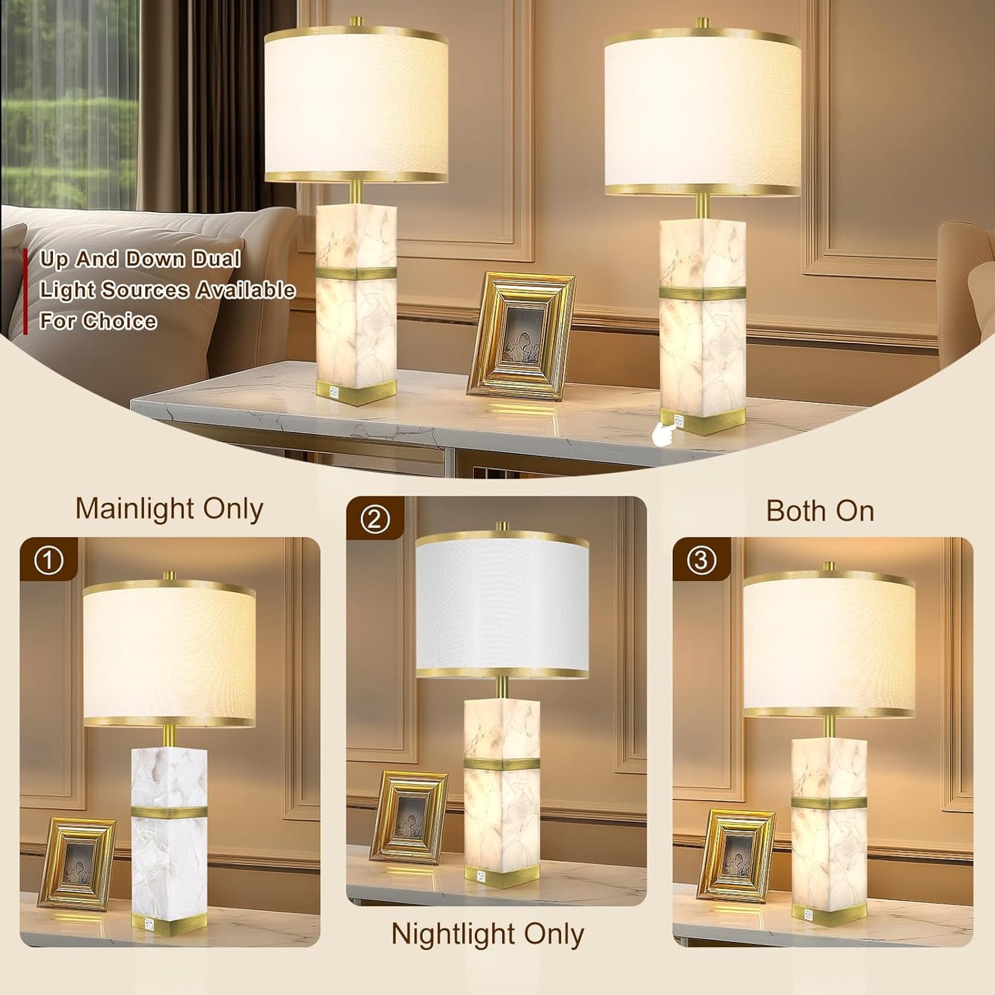 Natural Alabaster Table Lamps Set of 2 - Table Lamp with Night Light for Bedroom,Nightstand Lamps with USB Ports,Bedside Lamps with Linen Fabric Shade for Living Room,Bedroom,Office,Bar(Bulb Included)