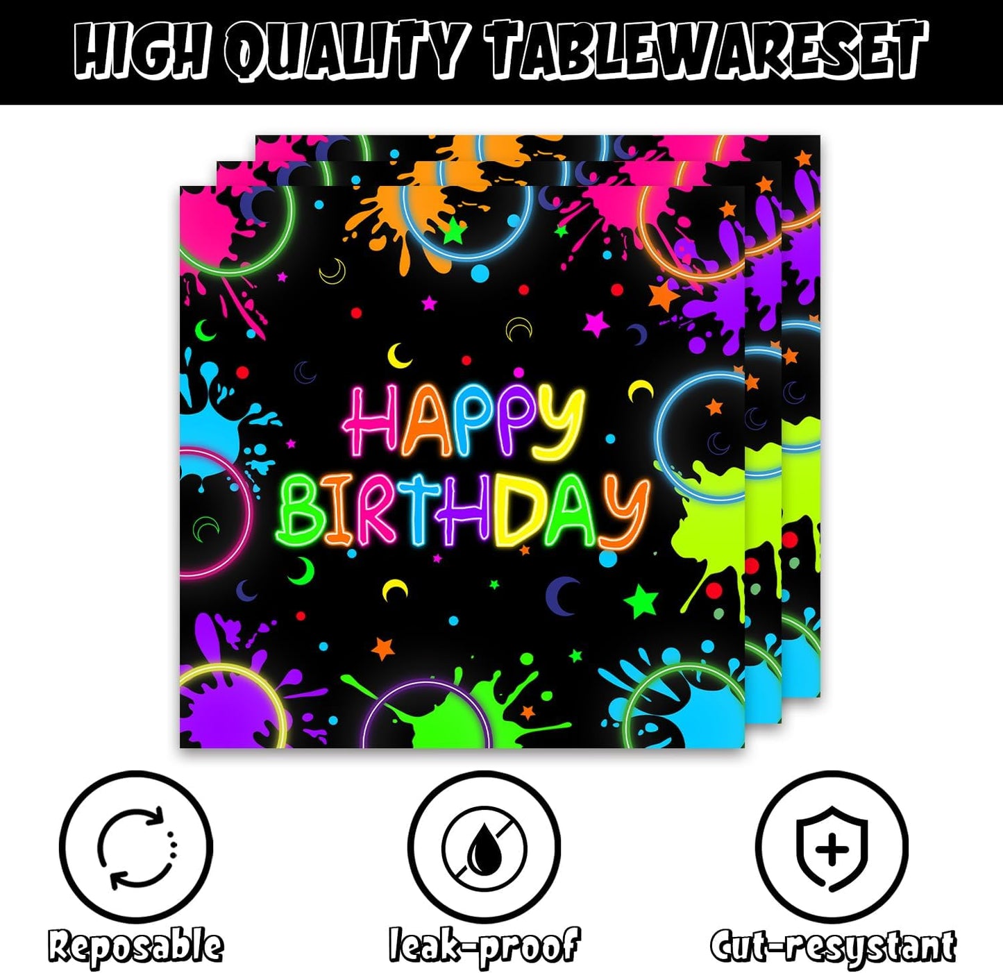 Neon Party Decorations 48Pcs Black Not Glow Birthday Plates and Napkins Sets Glow Party Supplies for Birthday Baby Shower Decorations Serve 16