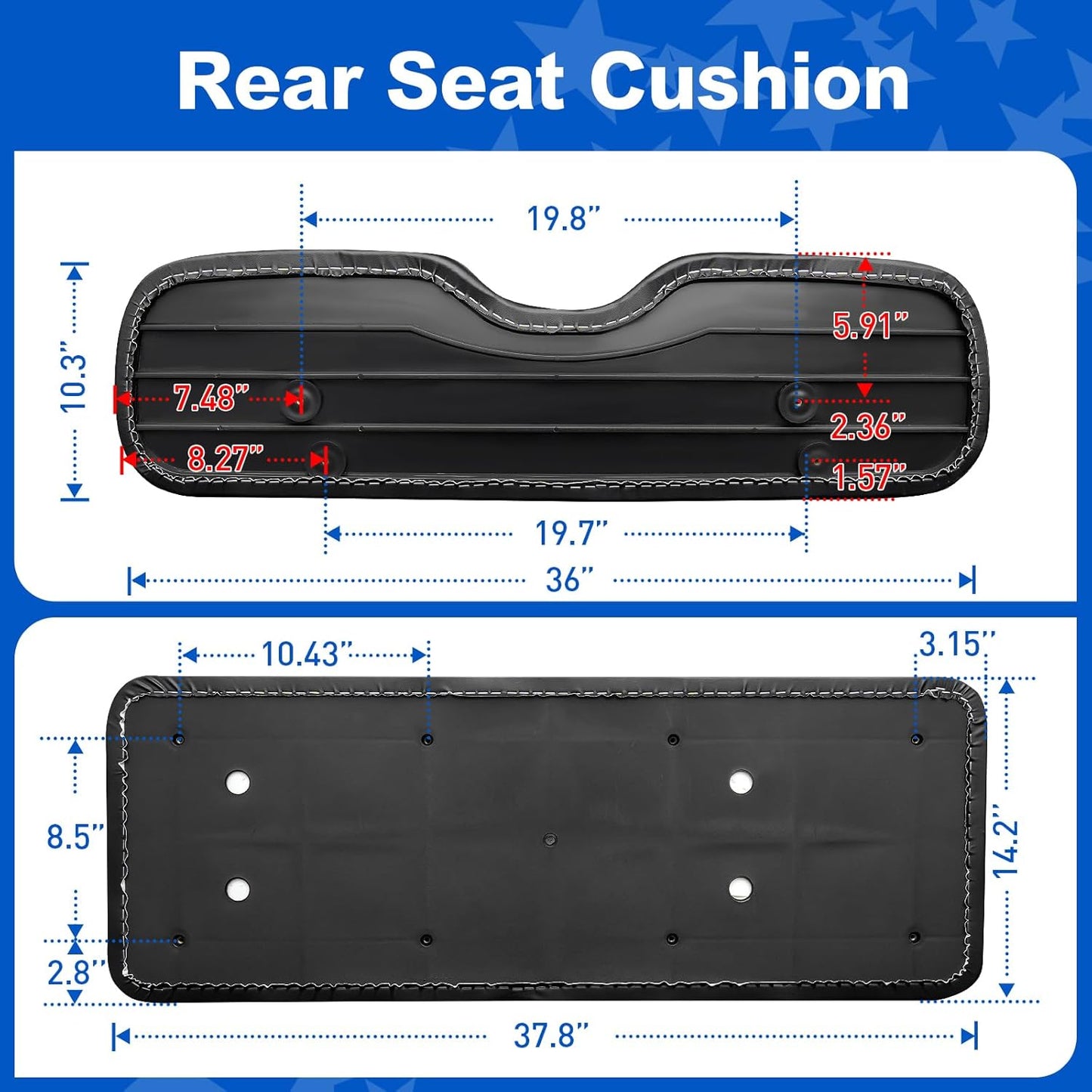 NOKINS Golf Cart Rear Seat Replacement Cushion, Universal Back Seat Cushions for Yamaha/EZGO TXT/RXV/Club Car Precedent/DS, Waterproof Vinyl Leather & Memory Foam, Black