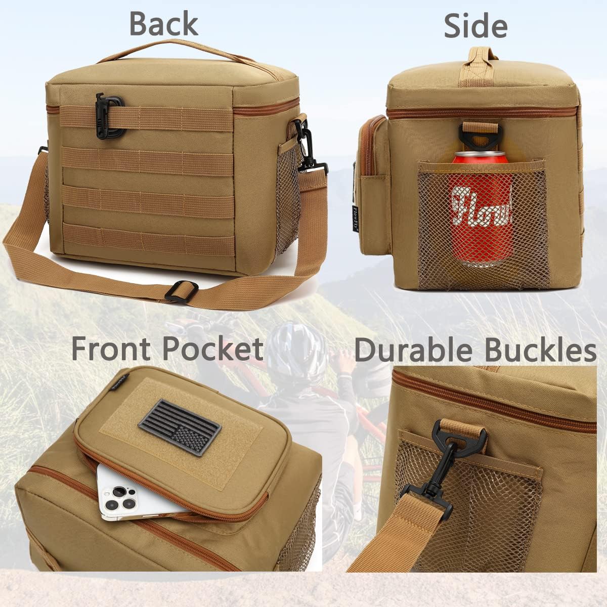 FlowFly Lunch Bag, Insulated Cooler, Thermal Lunch Box Tote with MOLLE/PALS Webbing, Adjustable Padded Shoulder Strap, for Tactical Men Women Adults and Boys Girls Kids (Brown, Large)