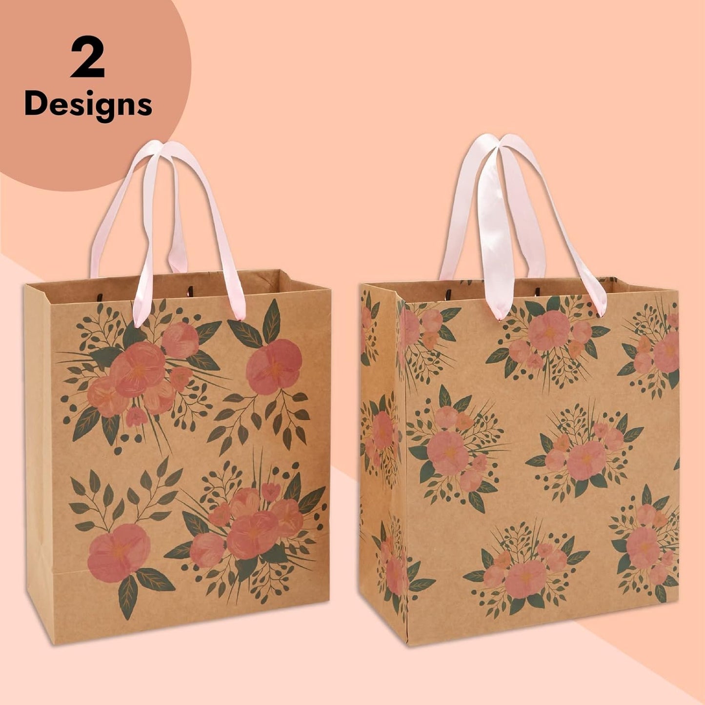 Juvale Floral Gift Bags - 8 x 4 x 9 in - Pink Ribbon Handles - Durable Paper with Reinforced Bottom - For Party Favors & Return Gift Bags