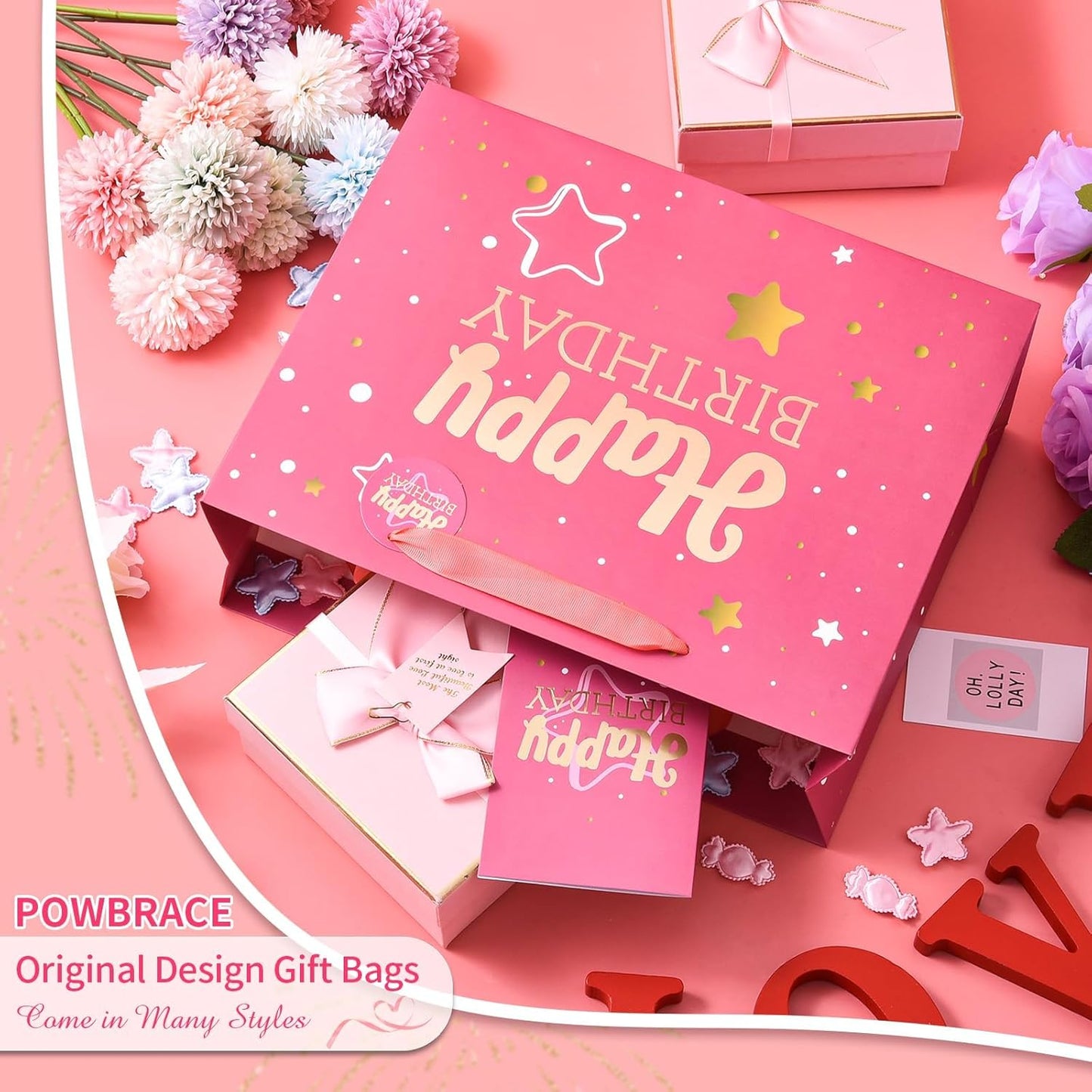 13" Pink Happy Birthday Gift Bag with Tissue Paper and Greeting Card for Party,Happy Birthday Gift Bag for Women Mother, Gift Bags Medium size(1 PCS Pink, Attach Mom Cards)