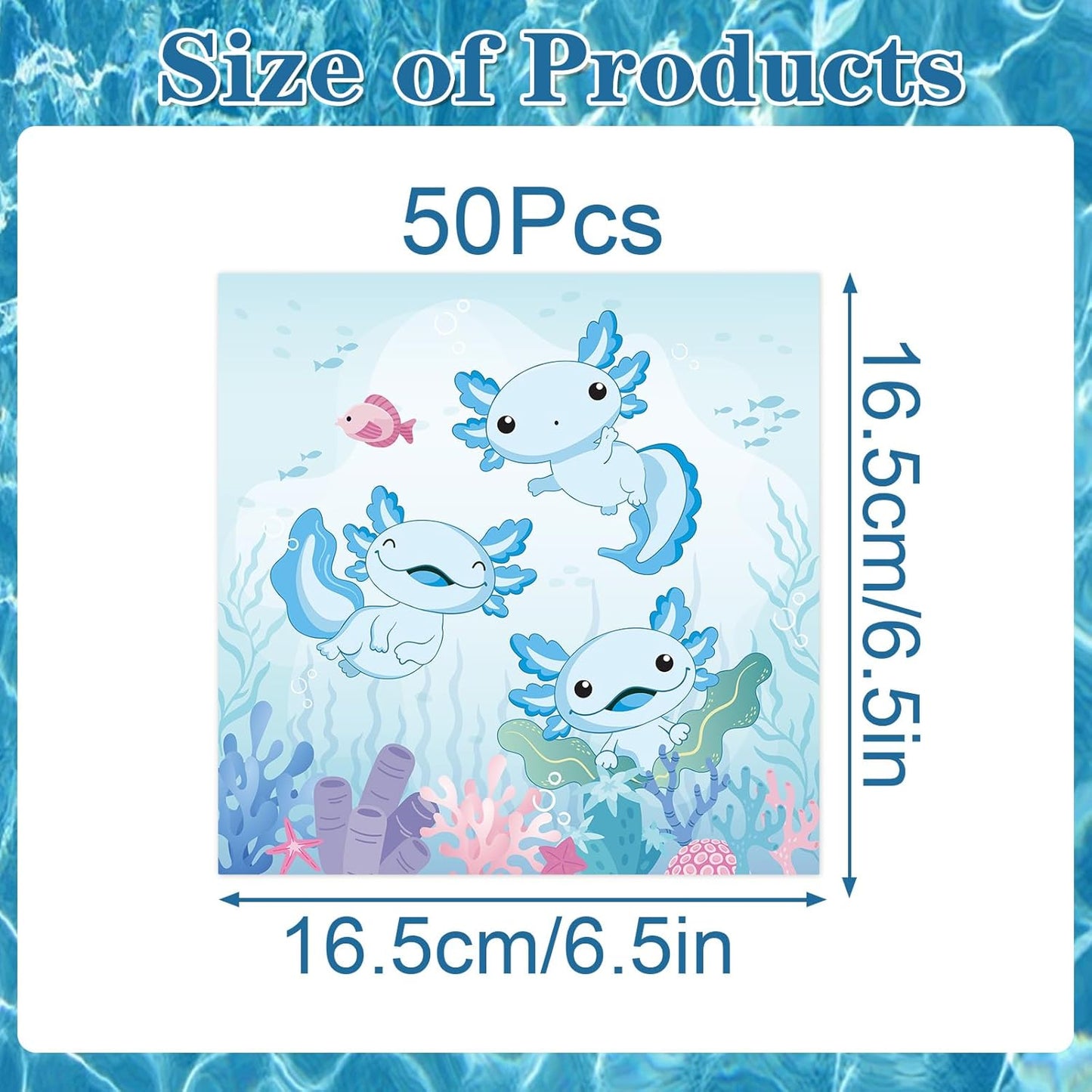 Axolotl Birthday Decorations, Disposable Paper Blue Axolotl Birthday Decorations Napkins Supplies Pack of 50, Cute Party Baby Shower Decor Size 6.5 Inch