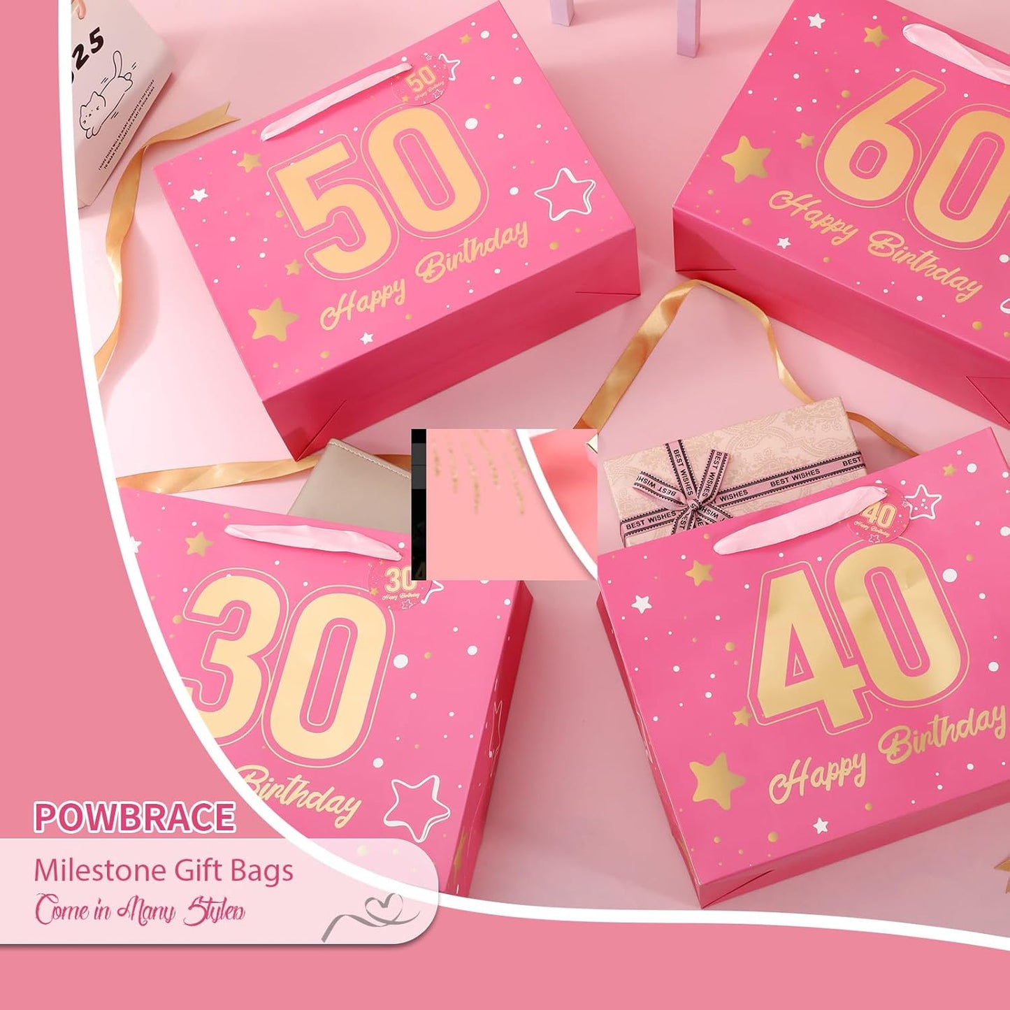Powbrace 13" Pink Happy Birthday Gift Bag with Tissue Paper and Greeting Card for Party,Happy Birthday Gift Bag for Men Women,Gift Bags Medium size(1 Pink 60th)