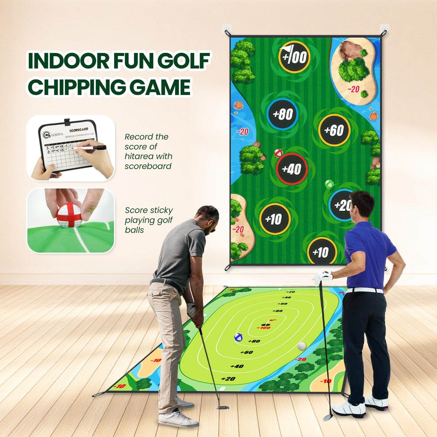 Golf Chipping Game Mat Double Sided,54 pcs Golf Game Set with 6×5 FT Golf Practice Mat,Outdoor Indoor Hitting Games for Adults & Kids,Home Backyard Garage Game, for Family Gatherings