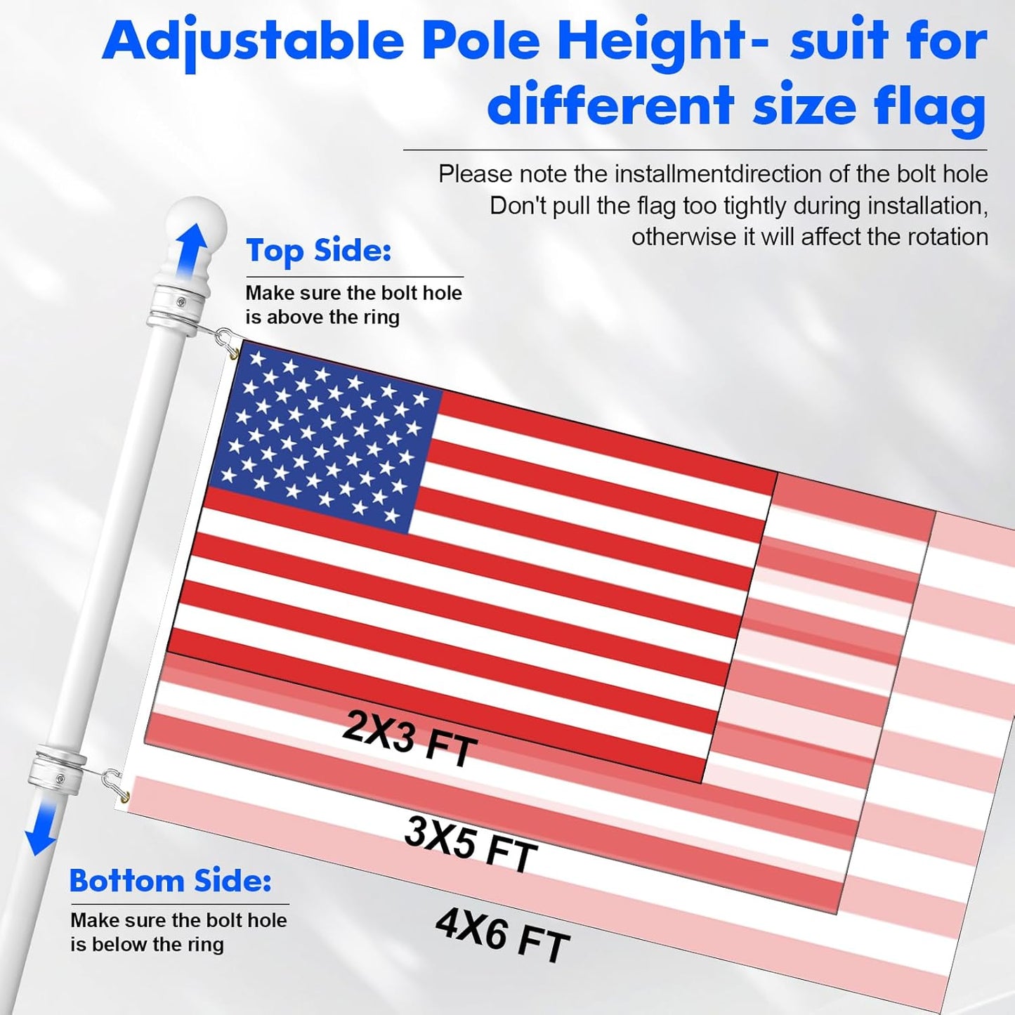 Anovo Flag Pole Kit- Stainless Steel 7 FT Flag Poles with1 Inch Metal 360° Rotating Flag Pole Rings Clip, Two-Position Flag Pole Holder Brackets Mounting for Outside House Outdoor Porch (7 FT - White)