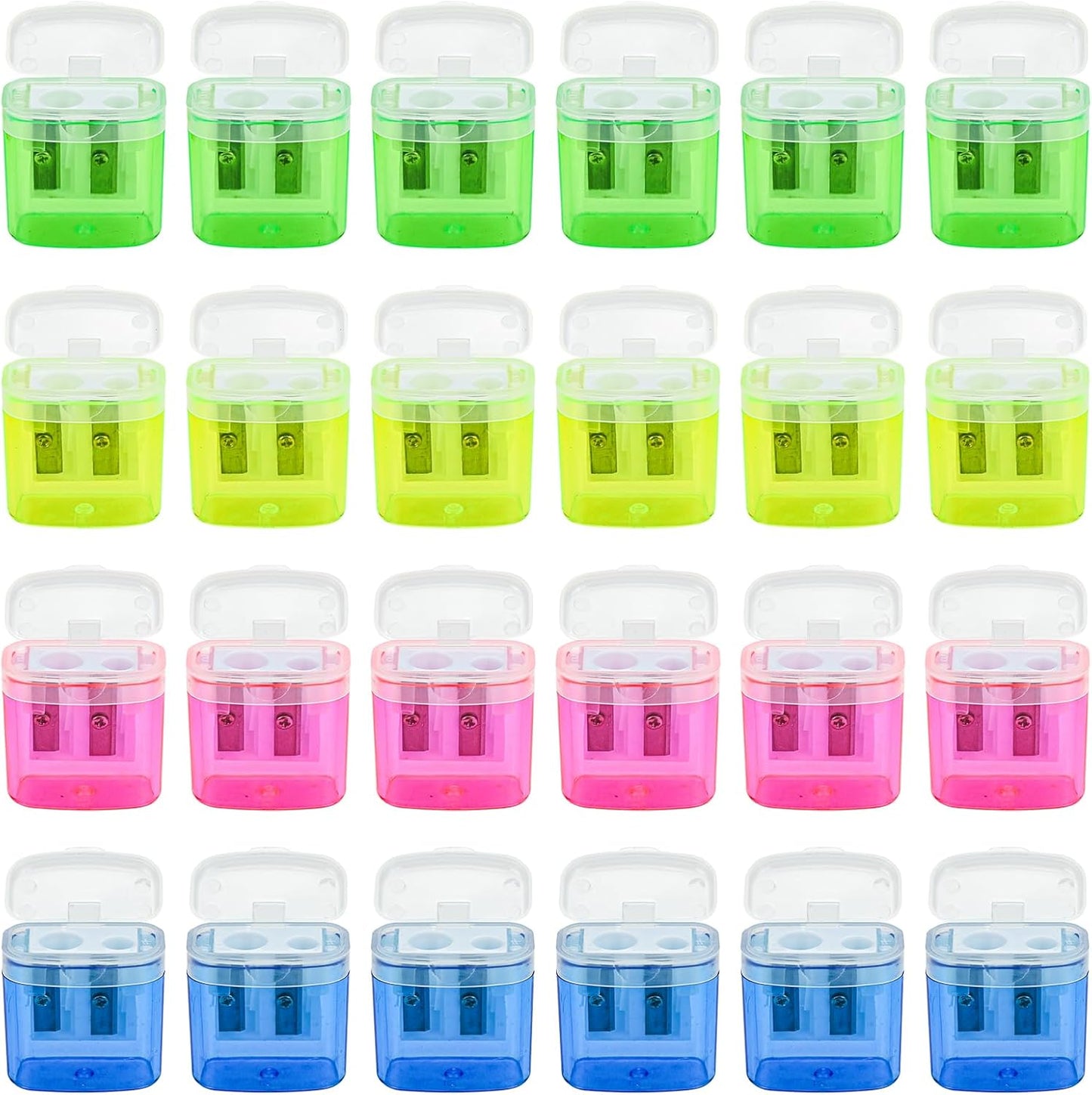 AUSTARK 24Pcs Pencil Sharpener Manual, Assorted Color Small Dual Hole Pencil Sharpeners Bulk with Lid with Lid for School Office Home (Rectangle-24)