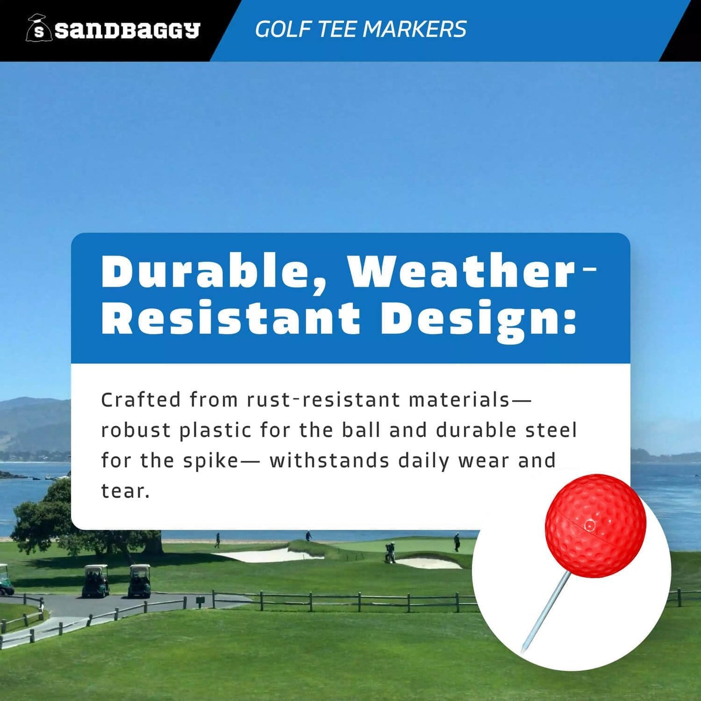 Sandbaggy Plastic Tee Markers for Golf Course (UV Resistant) - Steel Spike - Safety Caps Included