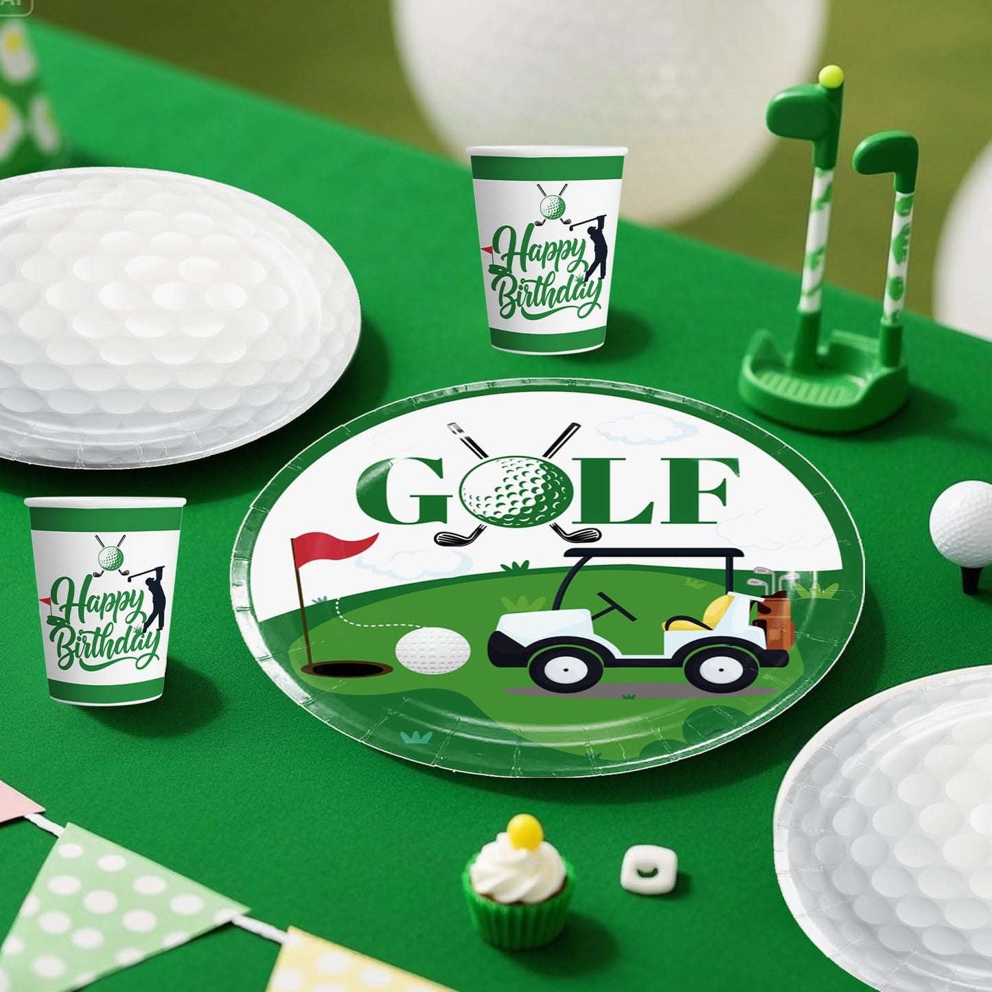 342pcs Golf Party Decorations, Golf Birthday Decorations Include Golf Plates and Napkins Set, Banner Hanging Swirls Tablecloth Cupcake Topper Balloon, for Golf Birthday Party Decorations, Serves 50